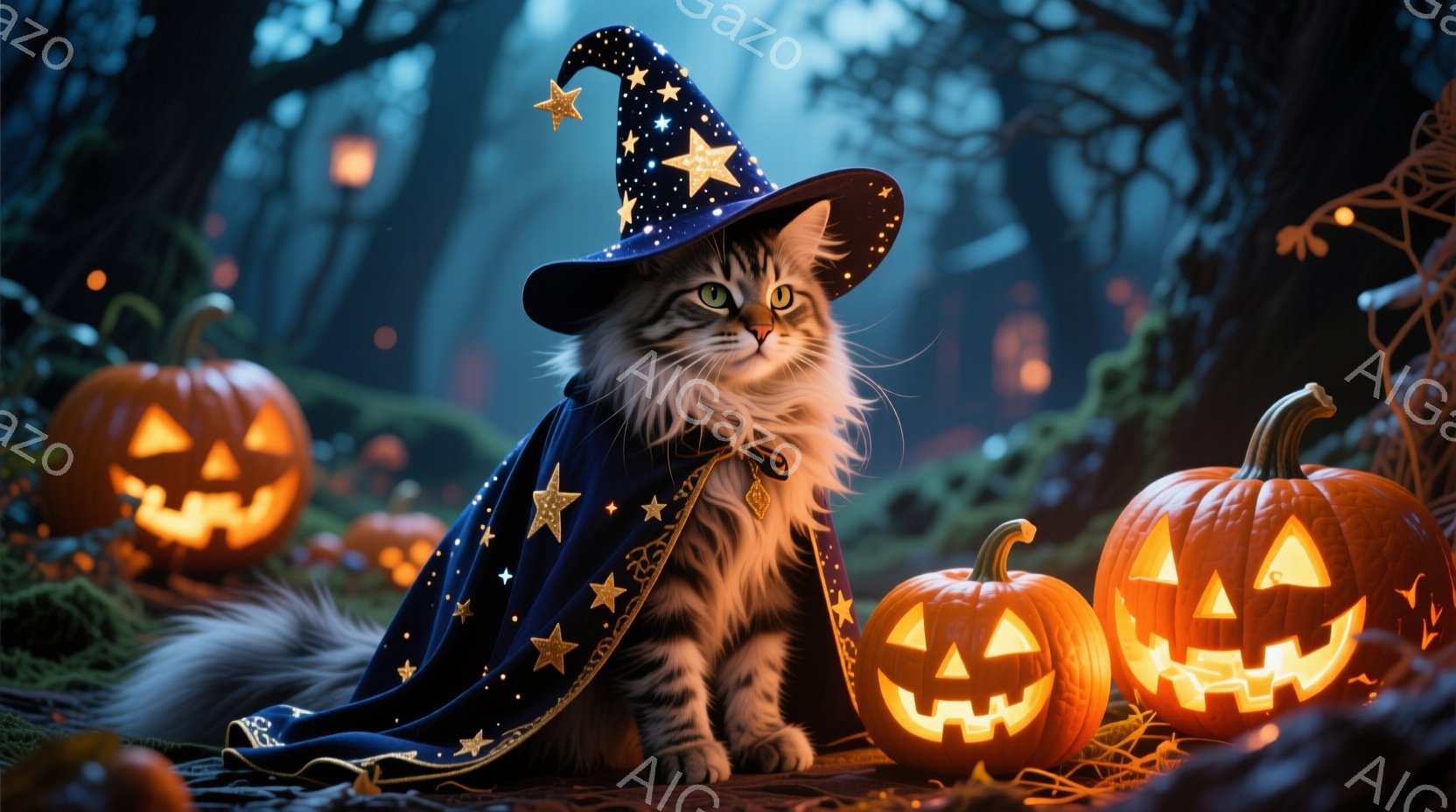 白と茶色の毛並みの猫が、星が散りばめられた青い魔法使いのローブと帽子を身に着けて座っています。背景には、不気味な表情を浮かべたジャック・オー・ランタンがいくつか置かれ、暗く森のような風景が広がっていま - AI生成フリー素材