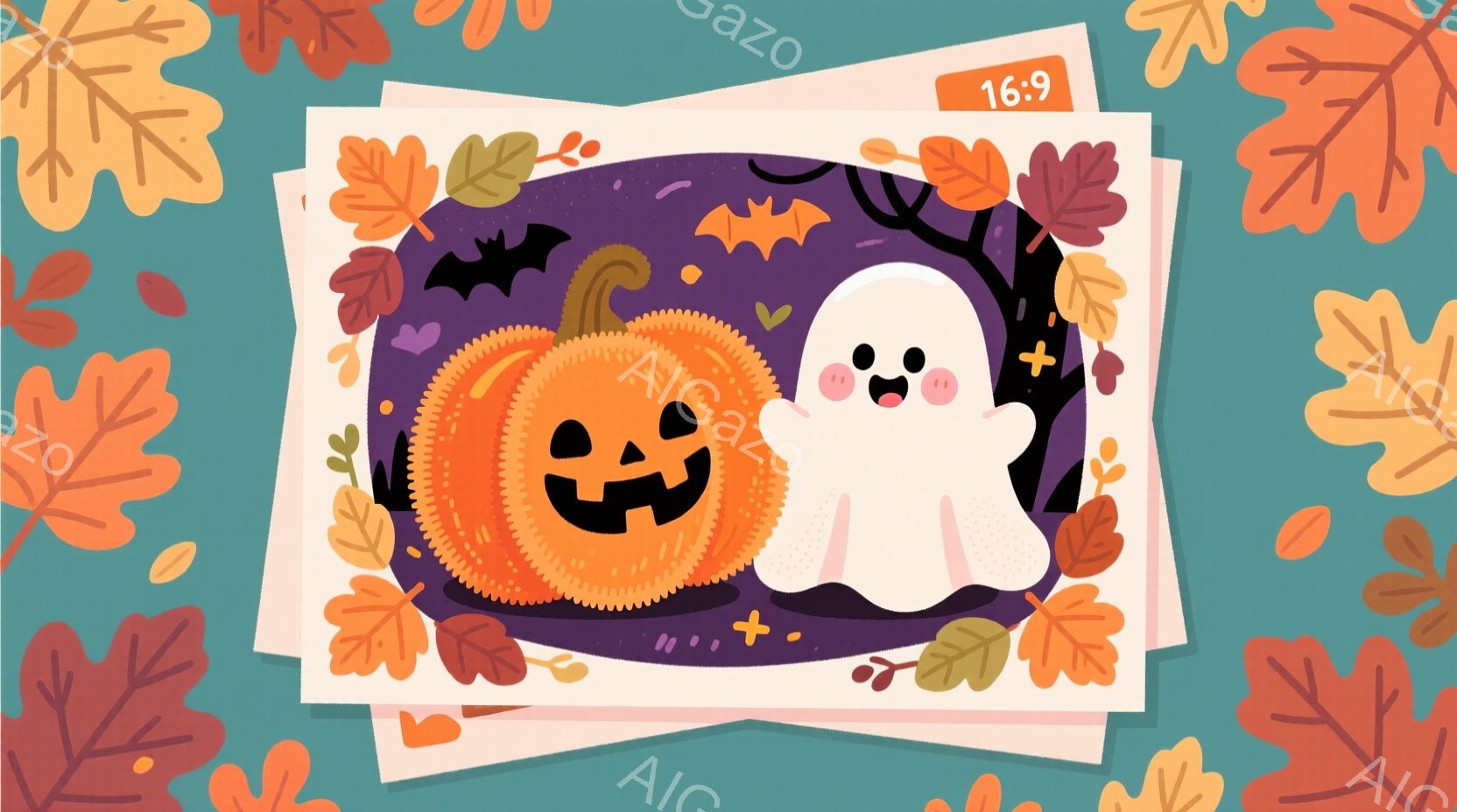 切り取られた紙のような背景に、ジャック・オー・ランタンと幽霊が寄り添って描かれています。幽霊はピンクの頬を持ち、可愛らしい笑顔を浮かべており、ジャック・オー・ランタンは典型的な不気味な笑顔をしています - AI生成フリー素材