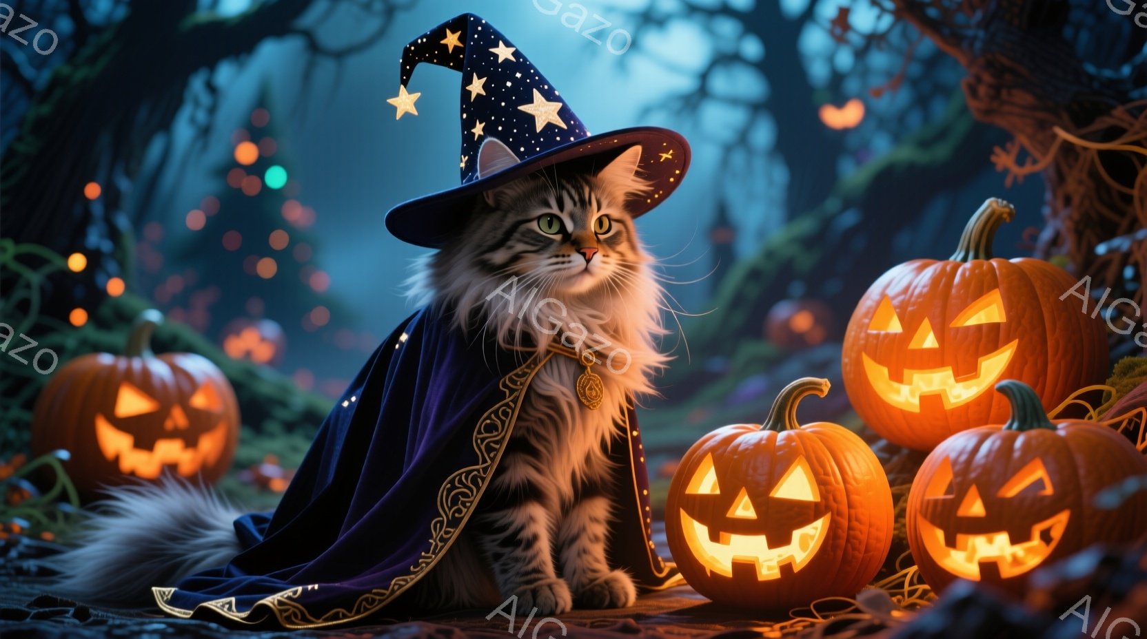 灰色の縞模様の猫が魔法使いの帽子とマントを着て、にっこりと微笑んでいます。周囲には、不気味な笑顔で照らされた3つのジャック・オー・ランタンが置かれており、背景には暗くぼんやりとした森が広がっています。 - AI生成フリー素材