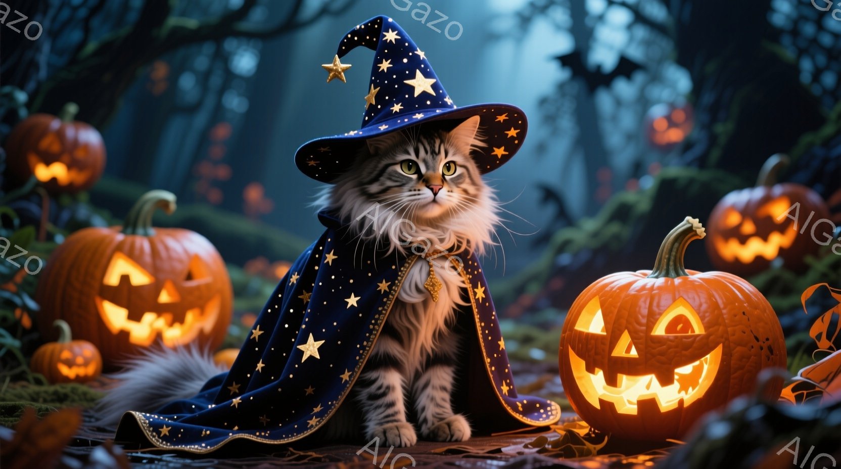 縞模様の猫が、星が散りばめられた深い青色のローブと、先端に星が付いた魔女帽子を身に着けて座っています。猫は前足を揃えて座り、少しだけカメラ目線で、好奇心と少しの遊び心を感じさせる表情をしています。背景 - AI生成フリー素材