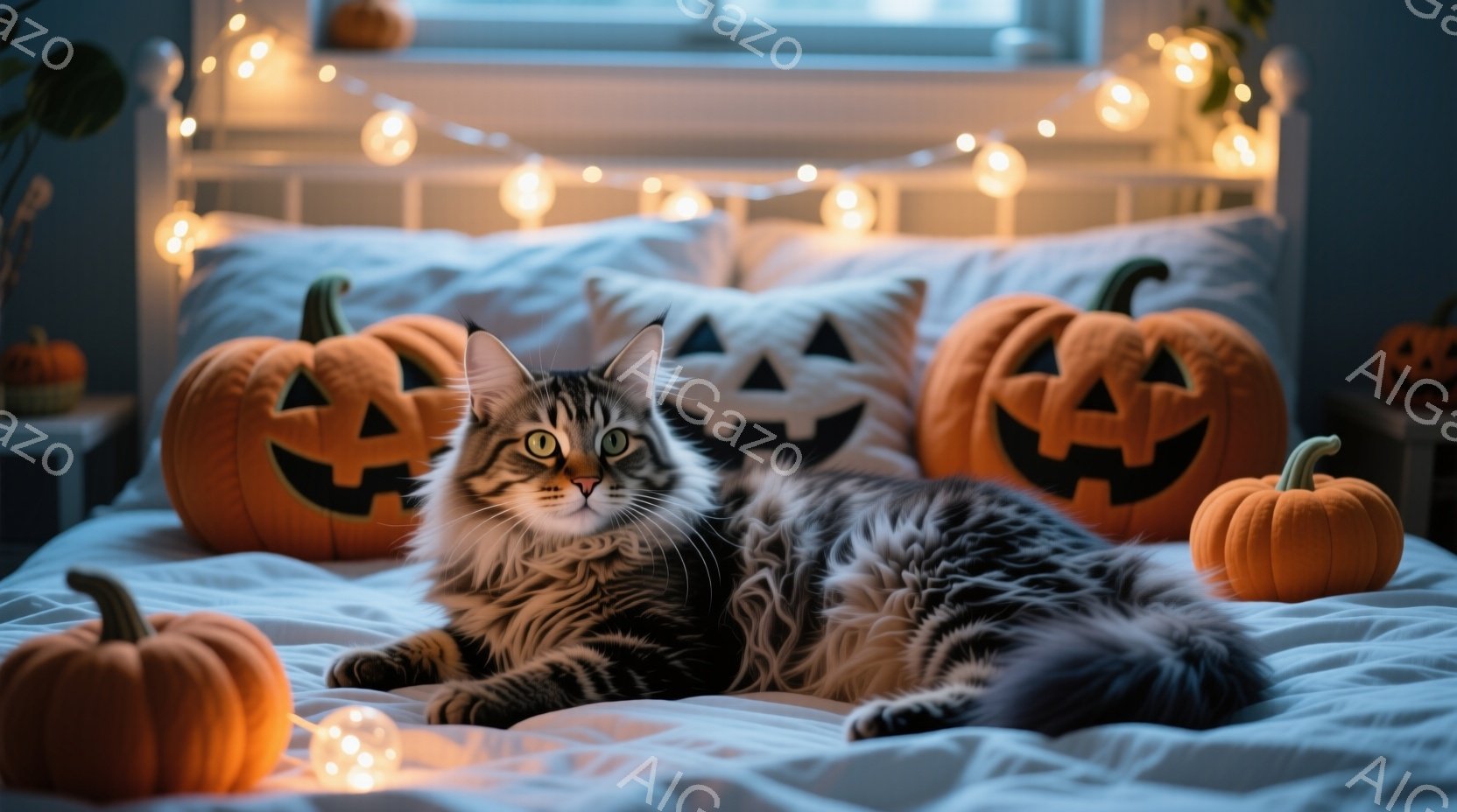 長毛の灰色の猫がベッドの上で横たわり、少し上目遣いでこちらを見ている。ベッドにはハロウィーンの飾りが置かれ、オレンジ色のカボチャやカボチャ柄のクッションが並べられている。暖色の照明とハロウィーンの飾り - AI生成フリー素材