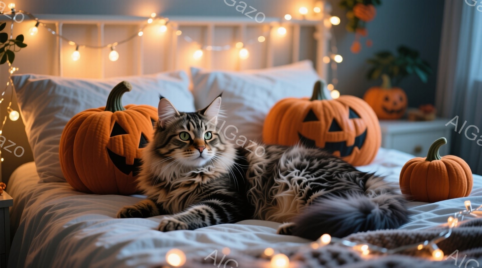長毛の灰色と黒の猫が白いベッドに横たわり、ハロウィーンの装飾である彫刻されたカボチャに囲まれています。猫はリラックスした表情でカメラを見つめ、周囲の暖かく明るい光とオレンジ色のアクセントが、秋の季節の雰囲気を醸し出しています。背景には、白いヘッドボードと、装飾的な植物が置かれたナイトスタンドが見え、全体的に穏やかで居心地の良い光景が広がっています。