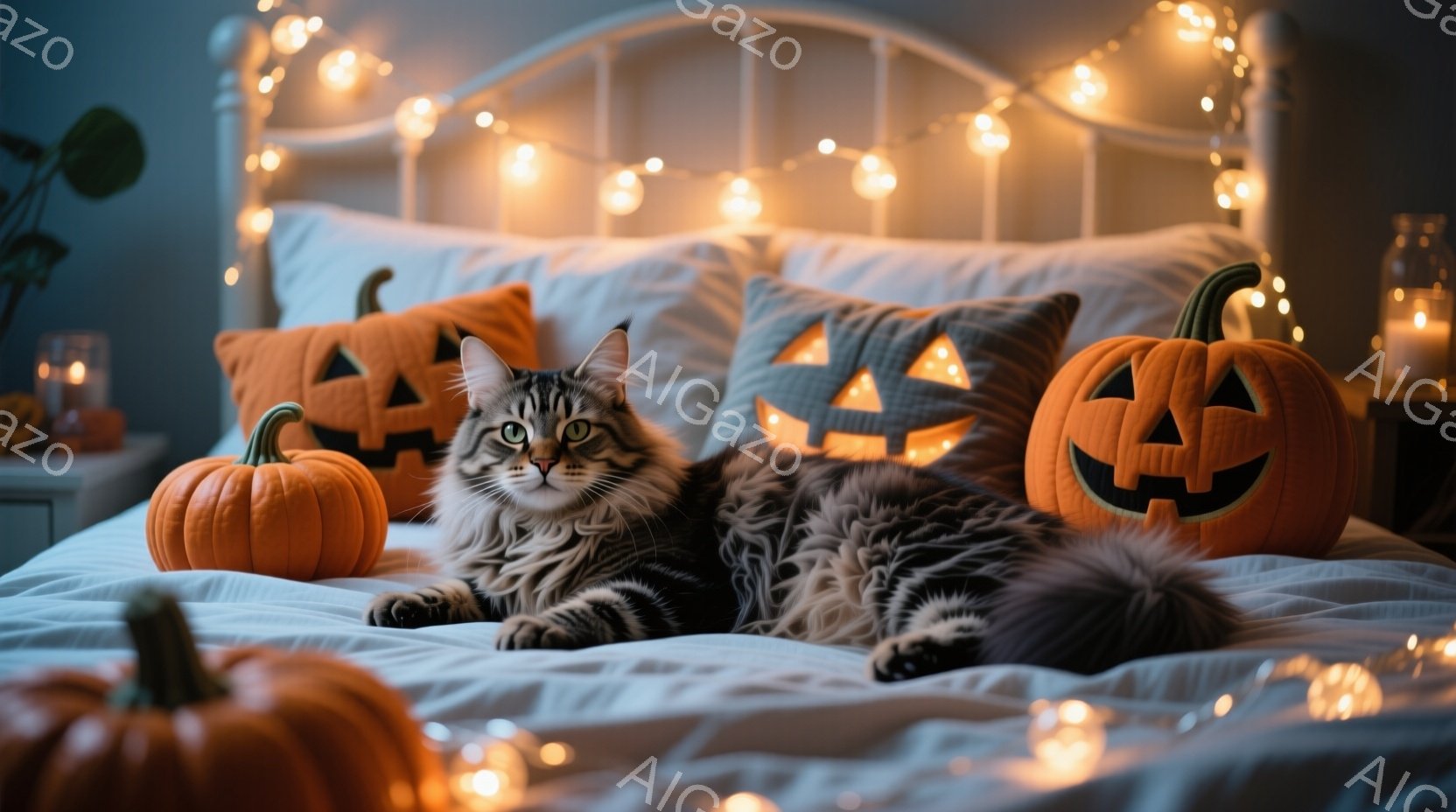 長毛の灰色の猫がベッドの上に横たわっており、ハロウィーンの装飾であるジャック・オー・ランタンの枕と小さなカボチャに囲まれています。ベッドは白く、まばゆいばかりの暖かい光のストリングライトで飾られていま - AI生成フリー素材