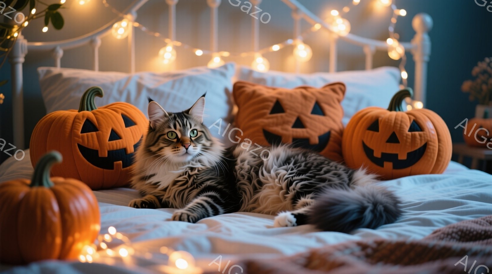 ベッドの上には、縞模様の猫が横たわっており、ハロウィーンの装飾であるジャック・オー・ランタンのクッションと小さなカボチャに囲まれています。猫はリラックスした姿勢で、緑色の目と白い足が特徴的です。背景には、暖色のフェアリーライトが飾られており、全体的に暖かく、居心地の良いハロウィーンの雰囲気を醸し出しています。