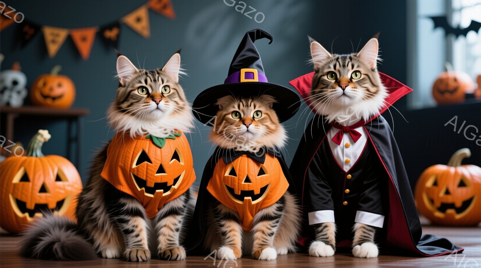三匹の猫がハロウィーンの衣装を着て並んで座っています。左の猫はジャック・オー・ランタンの衣装、中央の猫は魔女の帽子と衣装、右の猫はドラキュラの衣装を着ています。背景には、様々なジャック・オー・ランタンとハロウィーンの飾りがあり、お祝いムードを盛り上げています。