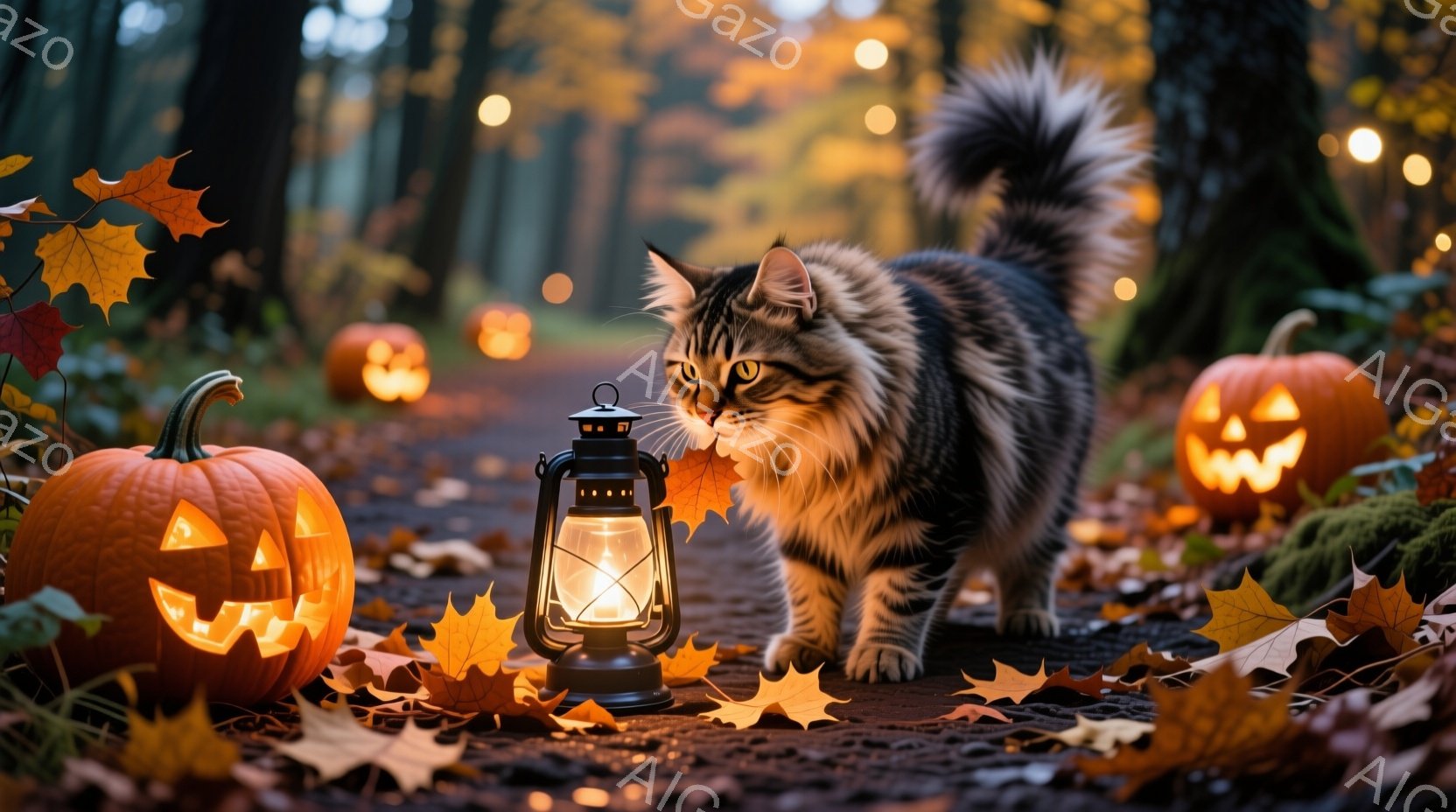 縞模様の大きな猫が、落ち葉が散らばる森の小道を歩いている。猫の周りにはジャック・オー・ランタンが置かれ、ほのかな光を放つランタンが猫の鼻先近くに置かれている。背景は暗い森で、ぼんやりと光るジャック・オ - AI生成フリー素材