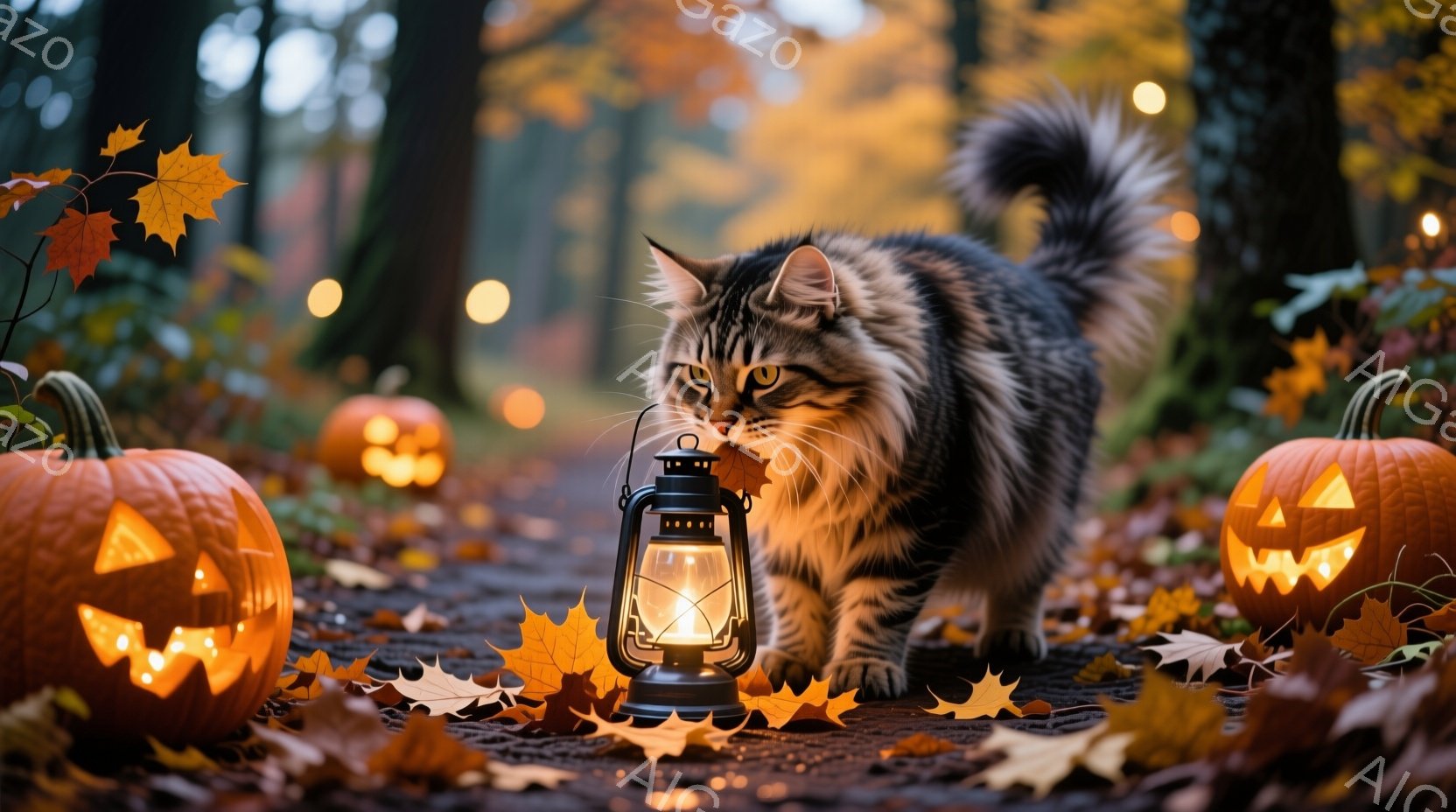 長毛の縞模様の猫が、点灯したランタンを抱えて森の中を歩いている。周囲にはカボチャのランタンが置かれ、地面は落ち葉で覆われているため、ハロウィンの雰囲気を感じさせる。背景はぼやけており、暖色系の光が猫と - AI生成フリー素材