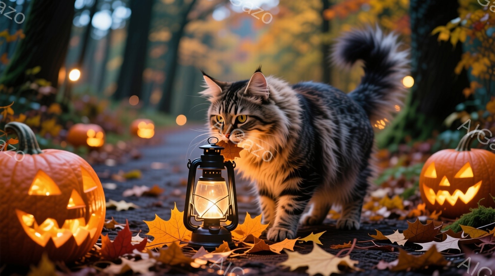 長毛の縞模様の猫が、切り開かれた落ち葉の多い森の中を歩いている。猫は前方をじっと見つめ、まるで何かを探しているかのような真剣な表情をしている。背景にはジャック・オー・ランタンとぼんやりとした光の点々が - AI生成フリー素材