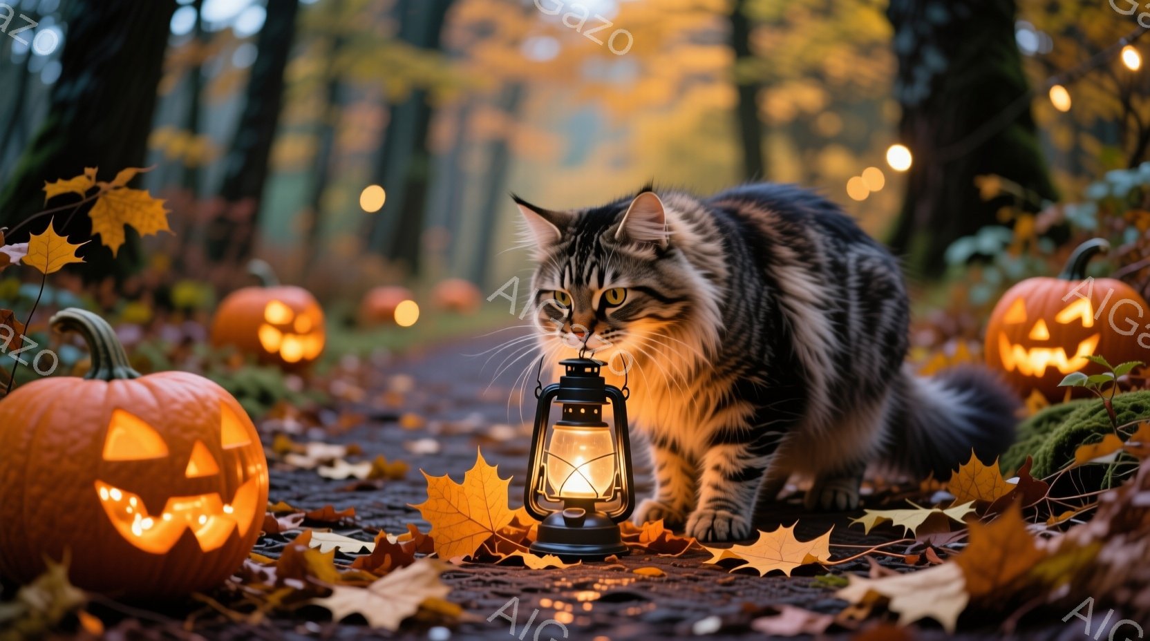 オレンジ色に照らされたハロウィーンの背景に、縞模様の猫が、点灯したランタンに近づき、興味津々に覗き込んでいる様子が描かれている。地面には散らばった紅葉と、ジャック・オ・ランタンが置かれ、秋の森の暖かく - AI生成フリー素材