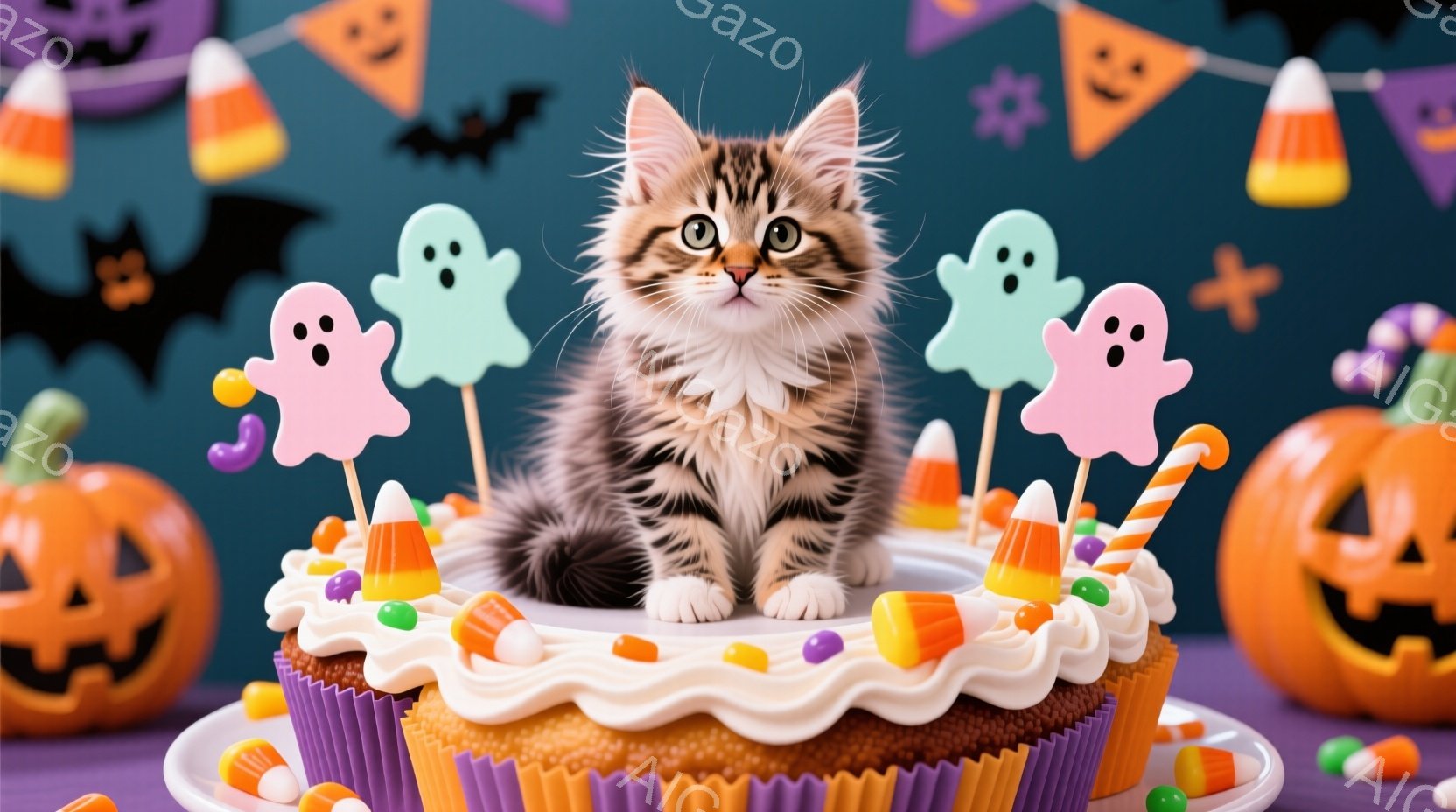 ストライプ柄の小さな子猫が、ハロウィーンをテーマにしたケーキの上に座っています。ケーキは紫色のカップケーキ風に装飾され、キャンディコーンや小さな幽霊の飾り、カラフルなスプリンクルが散りばめられています - AI生成フリー素材