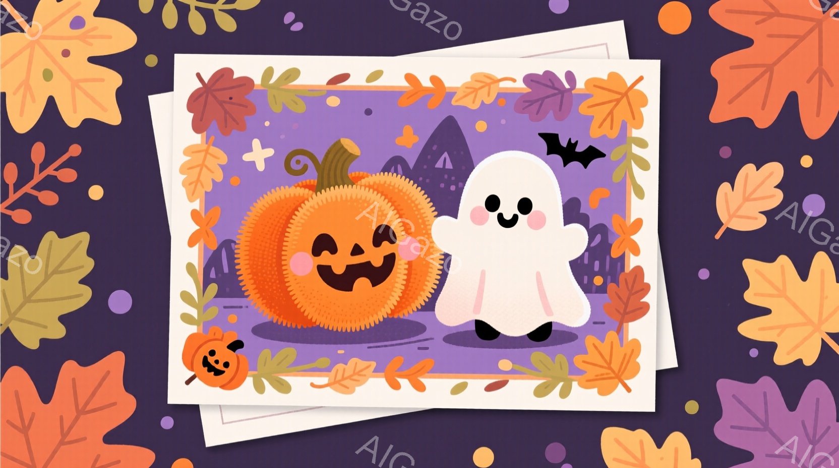 明るい紫色の背景に、カボチャと幽霊が描かれたイラストです。カボチャはオレンジ色で可愛らしい笑顔をしており、幽霊は白くてふわふわしており、同じく笑顔で楽しそうです。背景には、シルエットの建物やコウモリ、落ち葉が散りばめられ、ハロウィンの楽しい雰囲気が漂っています。