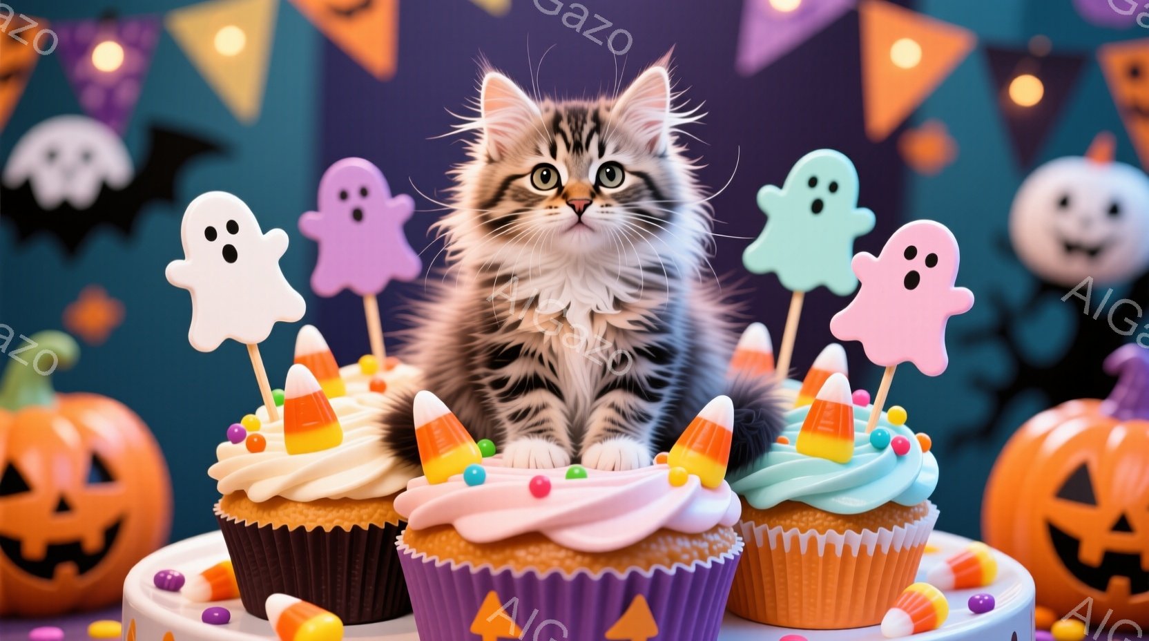 白と黒の縞模様の小さな子猫が、ハロウィーンをテーマにしたカップケーキの上に座っています。カップケーキは紫色の包装紙で飾られ、オレンジ色のキャンディーコーンや幽霊の形をしたトッピングが乗せられています。 - AI生成フリー素材