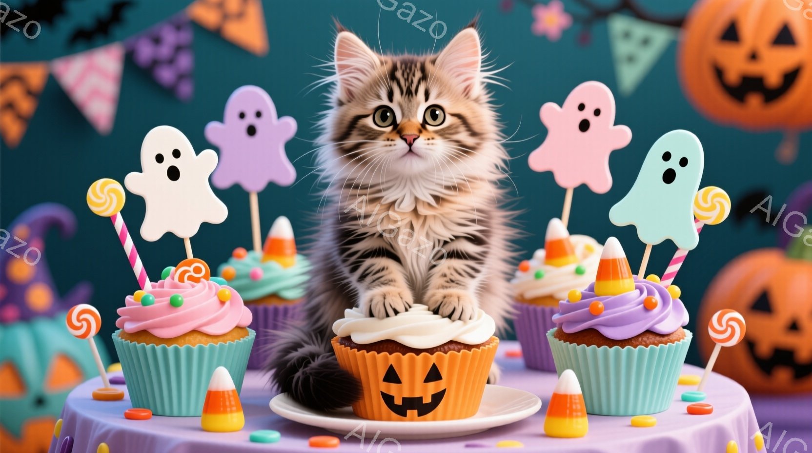 明るい紫色のテーブルの上に、ハロウィーンをテーマにしたカップケーキやキャンディーが並べられています。その中央に、縞模様の可愛い子猫が座り、オレンジ色のジャック・オー・ランタンが描かれたカップケーキを見 - AI生成フリー素材