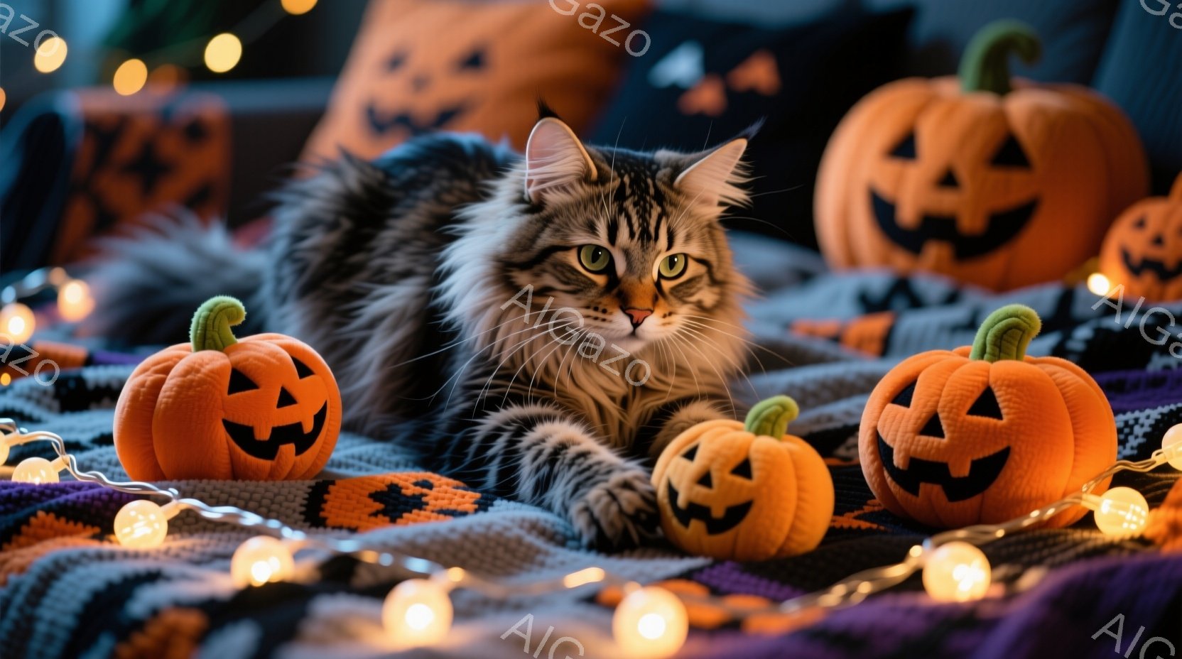 長毛の猫が、ハロウィーンの装飾である小さなカボチャに囲まれて横たわっています。猫は毛並みが美しく、緑色の瞳が印象的で、リラックスした表情をしています。背景には紫色の布とオレンジ色のカボチャが並び、暖か - AI生成フリー素材