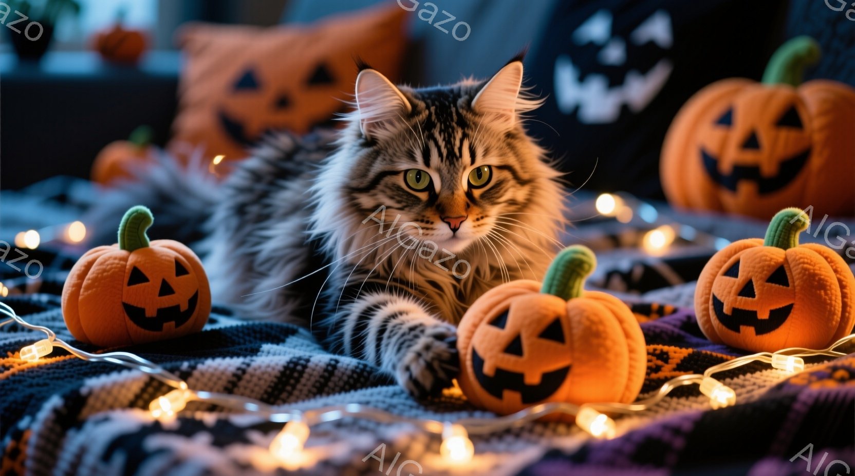 長毛の縞模様の猫が、ハロウィーンの小さなカボチャの置物と明かりに囲まれて横たわっています。猫は緑色の瞳でカメラを見つめ、リラックスした表情を浮かべています。背景には、紫と黒の模様の布と、他のカボチャの - AI生成フリー素材