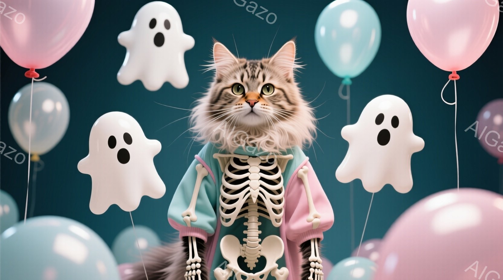 長毛の猫がハロウィーンの仮装をしており、骨格柄のパーカーを着ています。背景にはピンク、水色、白の風船と、かわいらしい幽霊のバルーンが浮かんでおり、全体的に明るく楽しい雰囲気です。猫は少し警戒した表情で - AI生成フリー素材