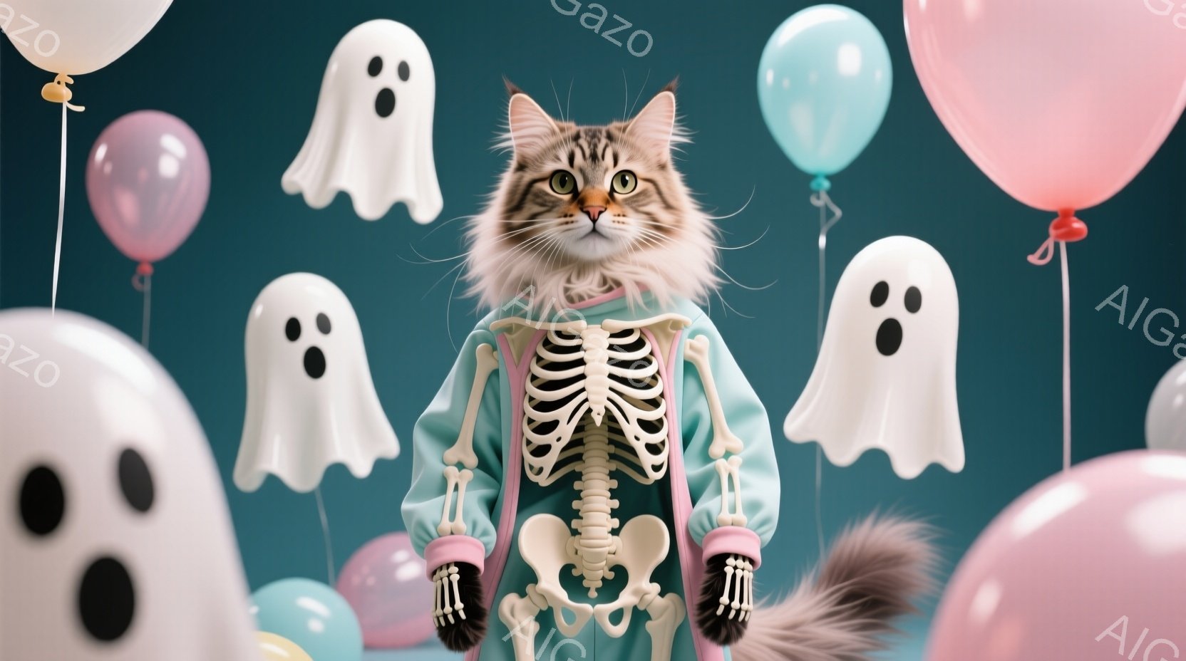 白と茶色の縞模様の猫が、ハロウィーンをテーマにした衣装を着て立っています。衣装は水色のジャケットに骨格模様が描かれており、ピンク色のアクセントが付いています。背景には、様々な色（白、水色、ピンク）の風 - AI生成フリー素材