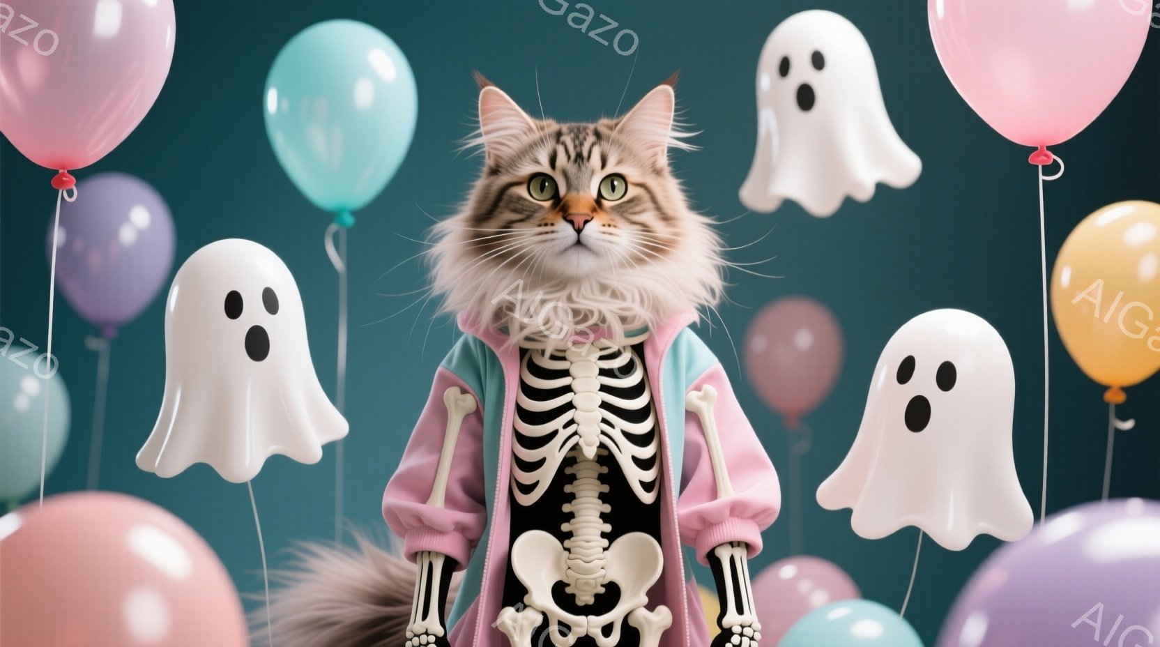 長毛の猫が骸骨柄のジャケットを着て、少し驚いたような表情でこちらを見ています。背景には、パステルカラーの風船や幽霊のイラストが浮かび、ハロウィーンのようなお祭りの雰囲気が漂っています。全体的に明るく、 - AI生成フリー素材