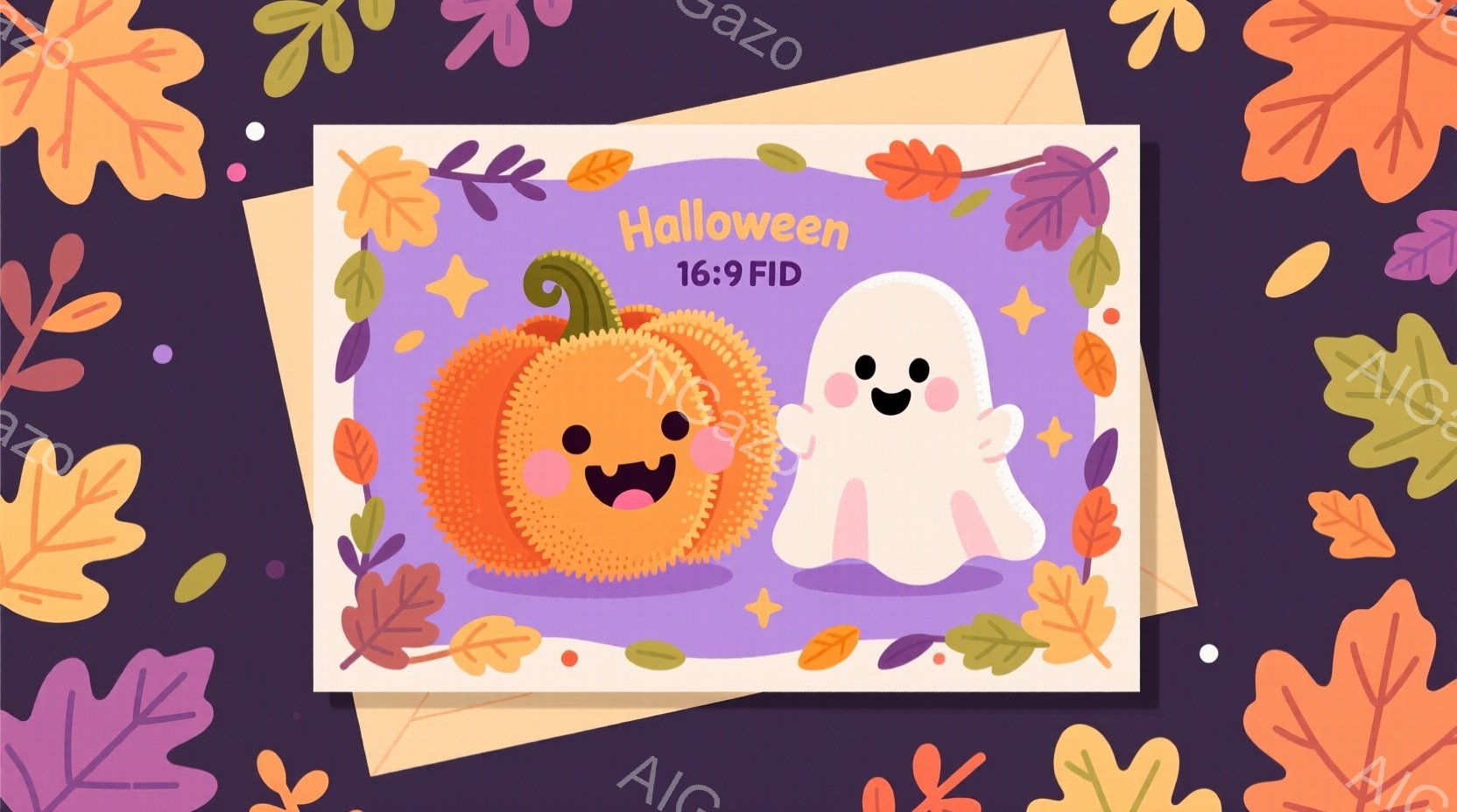 明るい紫色を基調とした背景に、ハロウィーンのイラストが描かれたカードがあります。オレンジ色のカボチャと白い幽霊が寄り添っており、どちらも笑顔で可愛らしい表情をしています。背景には、落ち葉や小さな星が散 - AI生成フリー素材