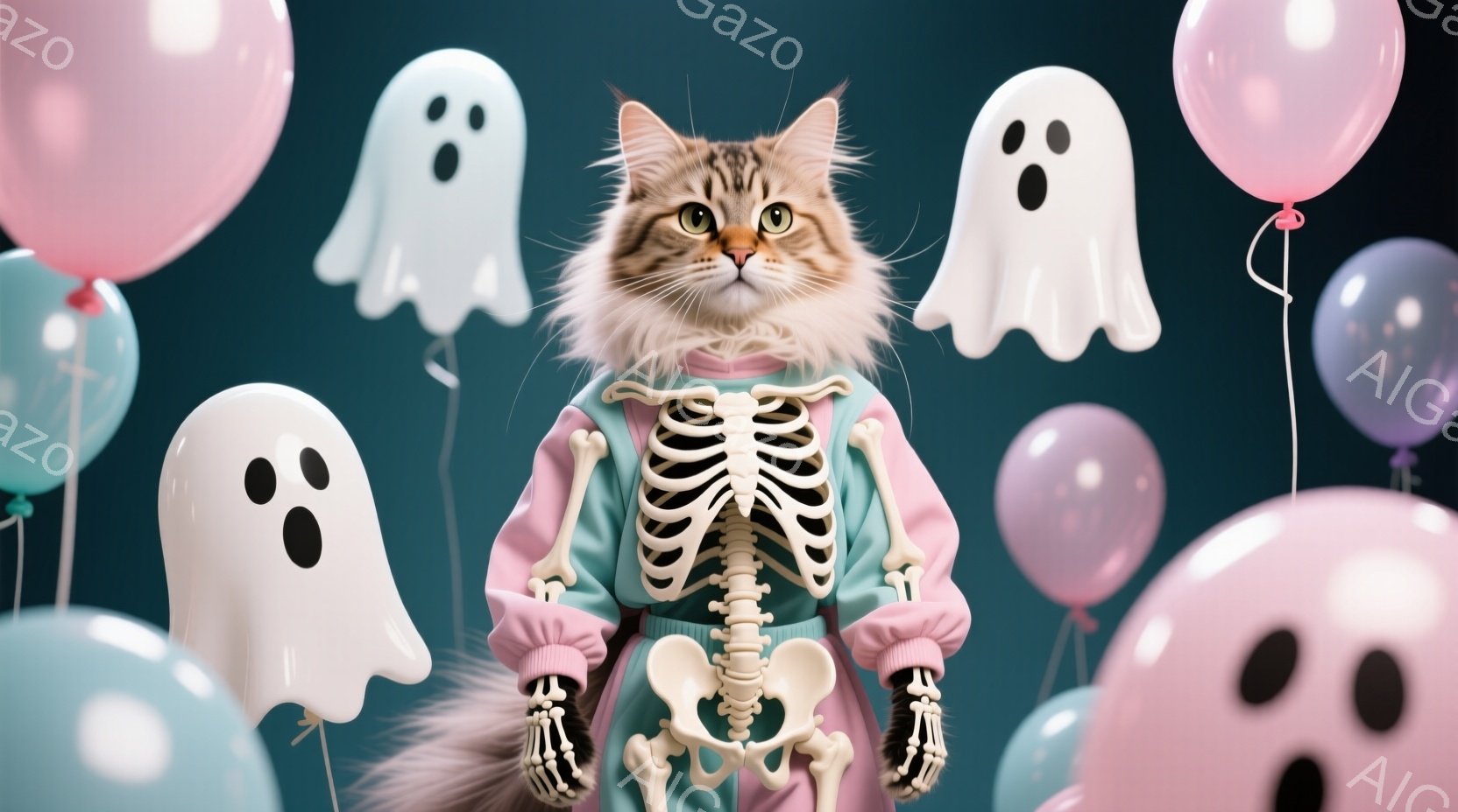 明るいピンクとターコイズブルーのスケルトン柄ジャンプスーツを着た猫が、正面を見据えています。猫は毛むくじゃらの毛並みで、少し驚いたような表情をしています。背景には、様々な色の風船と可愛らしい幽霊が浮かび、お祭り騒ぎのような楽しい雰囲気を醸し出しています。