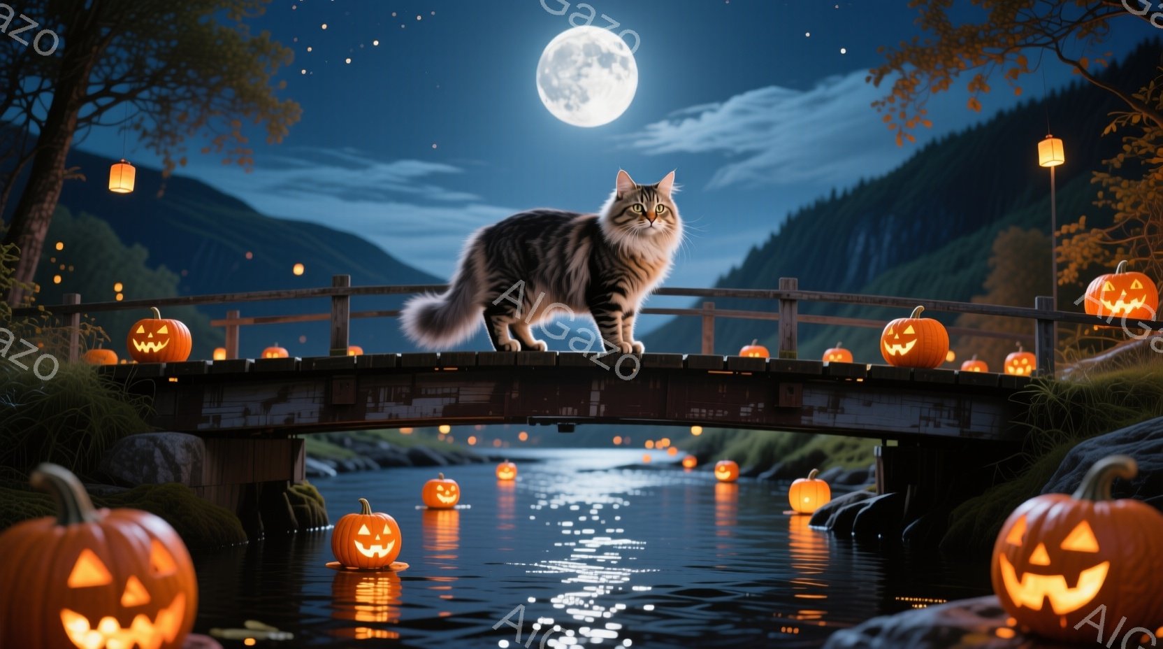 月明かりの下、川にかかる木製の橋の上に、縞模様の猫が誇らしげに立っている。橋の欄干には、不気味な笑顔を浮かべた多くのジャック・オー・ランタンが並べられ、水面には月とランタンの光が反射している。背景には暗い森が広がり、全体的にハロウィーンの夜の神秘的で幻想的な雰囲気を醸し出している。