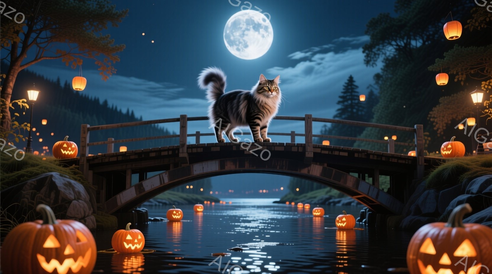 橋の上には、灰色の縞模様の猫が堂々と立っており、ふさふさの尻尾が優雅に反っています。周囲はハロウィーンの装飾で、水面には浮かぶカボチャのランタンと、橋の欄干には設置されたランタンが幻想的な光を放ってい - AI生成フリー素材