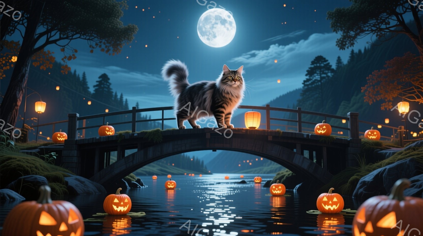 薄暗い夜の風景の中で、縞模様の猫がアーチ型の橋の上に立っている。橋の欄干には、さまざまな大きさのジャック・オ・ランタンが灯されており、水面にはその光が反射している。背景には緑豊かな木々がうっそうと生い茂り、満月が夜空を照らし、ハロウィーンの幻想的な雰囲気を醸し出している。