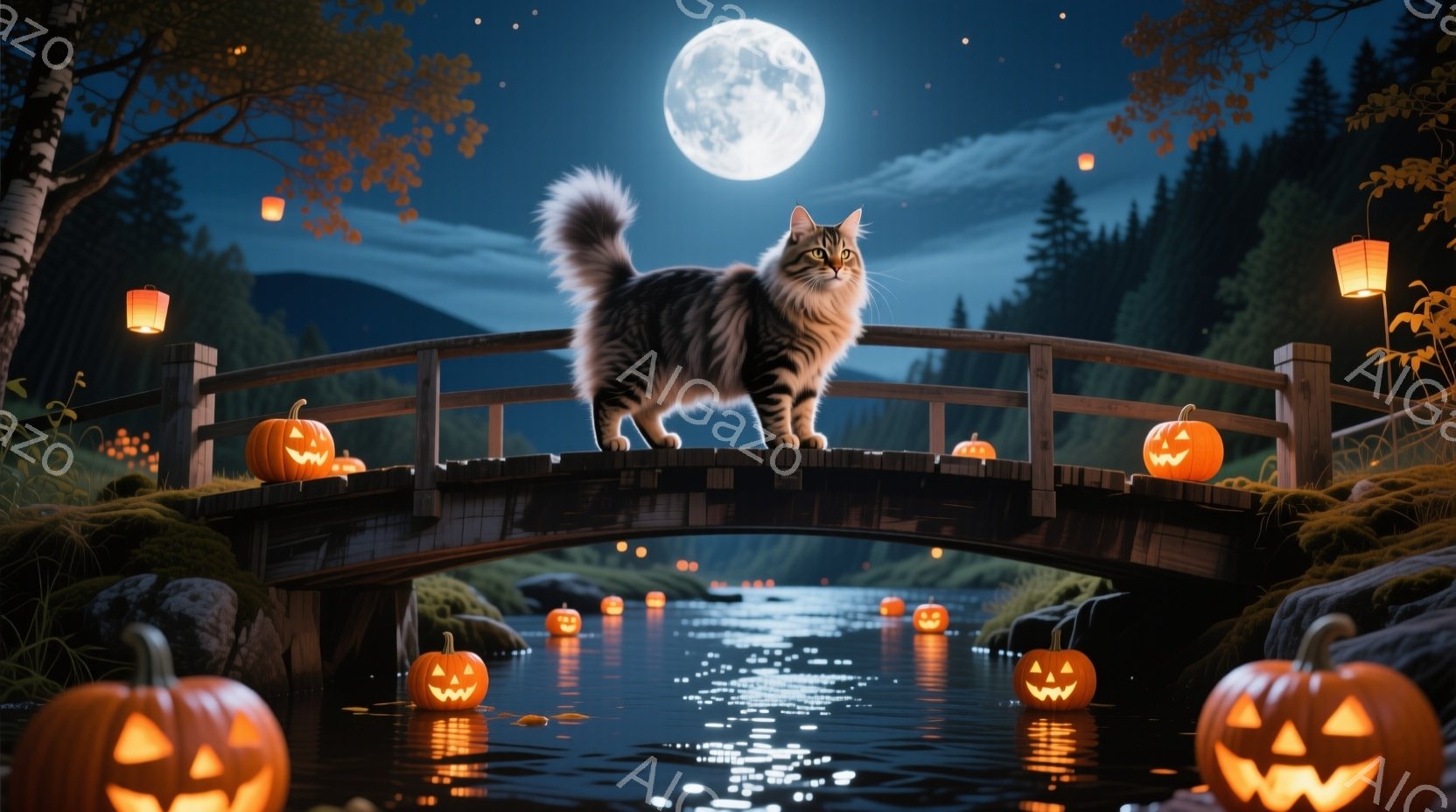 暗い森の中を流れる小川にかかる木製の橋の上に、縞模様の大きな猫が立っている。ハロウィーンのランタンであるジャック・オー・ランタンが橋や川の上に浮かび、満月が夜空を照らし、幻想的で神秘的な雰囲気を醸し出 - AI生成フリー素材