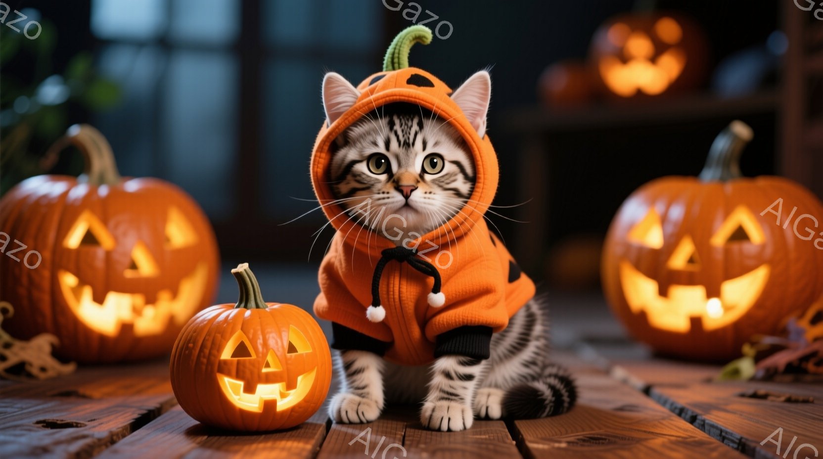 白と灰色の縞模様の猫が、オレンジ色のカボチャの衣装を着て、木製のテーブルの上に座っています。カボチャの衣装にはフードと結び目があり、猫はカメラの方を見て、落ち着いた表情をしています。背景には、様々な大 - AI生成フリー素材