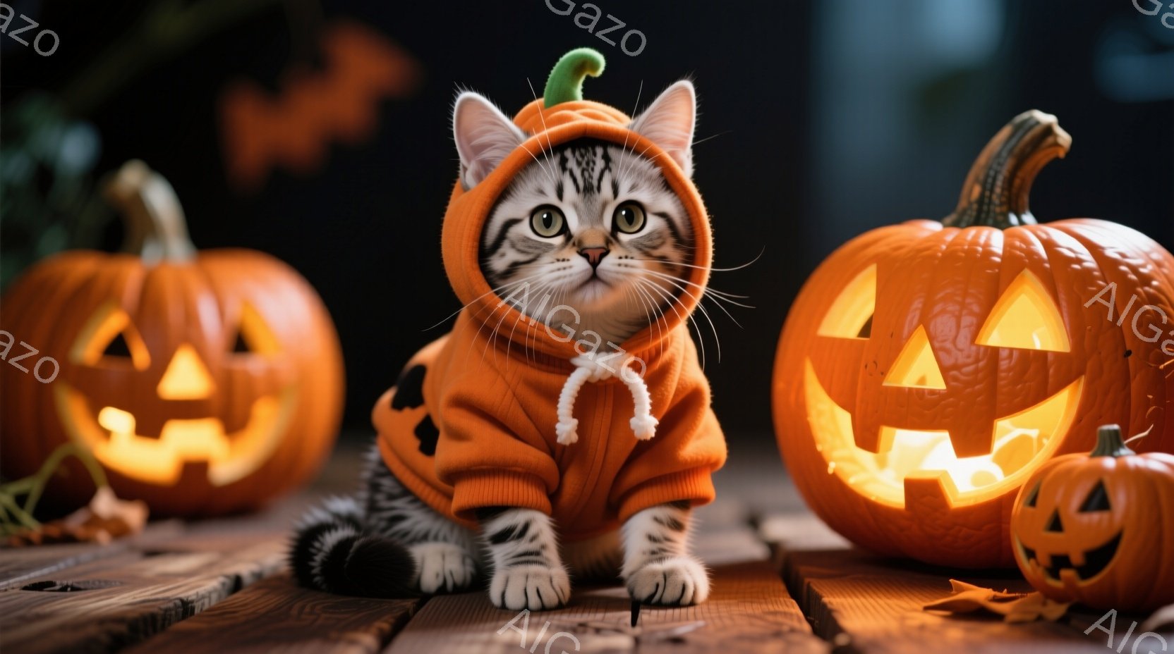 縞模様の小さな子猫が、ハロウィーン用のカボチャの衣装を着て、木の板の上に座っています。子猫は前足を伸ばし、カメラの方を見ており、好奇心と少しの戸惑いが混ざった表情をしています。背景には、彫刻が施された - AI生成フリー素材