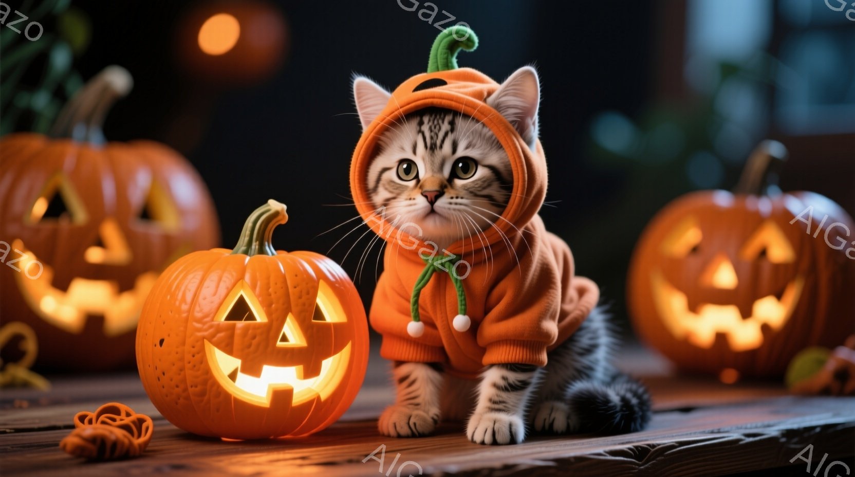 小さな縞模様の猫が、ハロウィンのカボチャの衣装を着ています。猫は正面を向き、少し緊張した表情で座っており、カボチャの衣装のフードが耳の上にかかっています。背景には、いくつかのジャック・オ・ランタンが置 - AI生成フリー素材