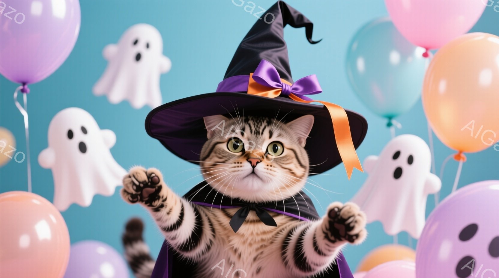 茶色と黒の縞模様の猫が、ハロウィーン用の紫色のマントとオレンジのリボンが付いた黒い帽子を身につけています。前足を上げており、表情は好奇心旺盛で遊び心があります。背景には、パステルカラーの風船と白いお化 - AI生成フリー素材