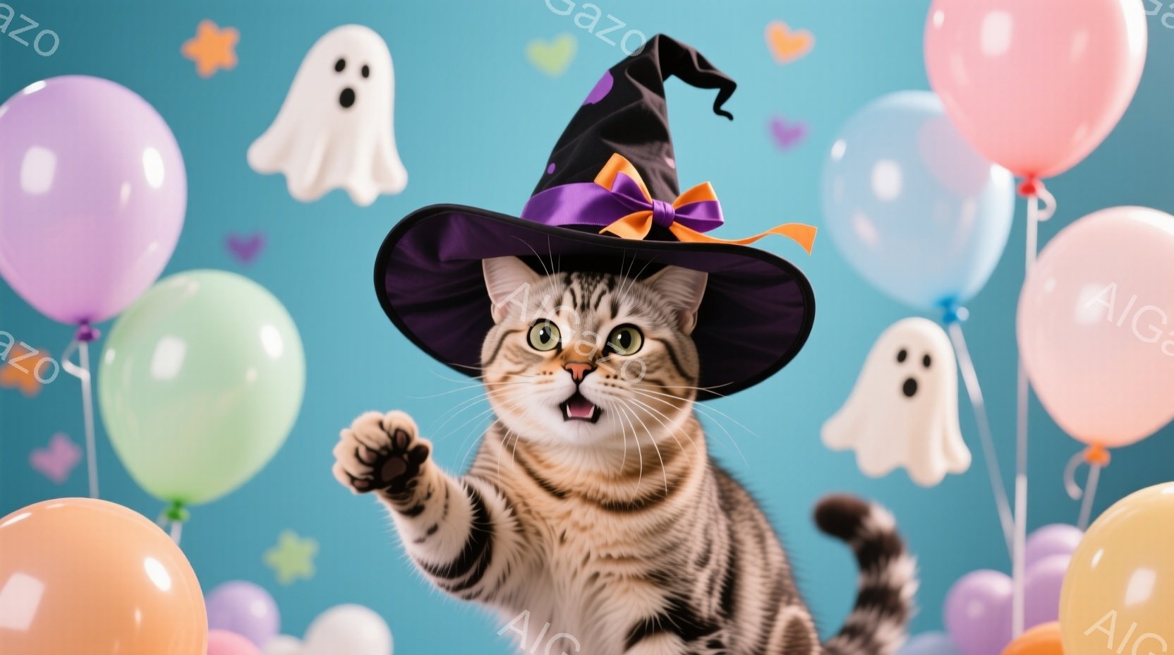 縞模様の猫が、ハロウィーンの魔女帽子をかぶり、前足を伸ばして何かを指し示しています。背景は水色で、ピンク、紫、オレンジ色の風船や、かわいいお化けのイラストが浮かんでいます。全体的に陽気で遊び心のあるハ - AI生成フリー素材