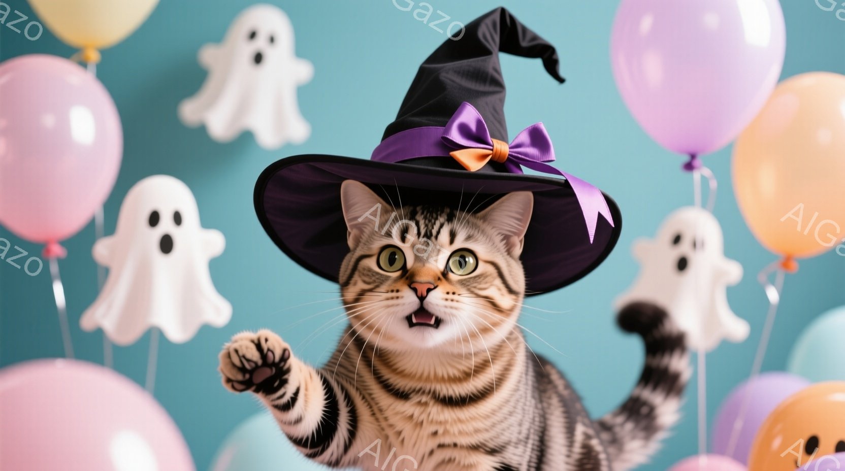 縞模様の猫が、ハロウィーンの帽子をかぶり、片足を上げて楽しそうにしています。背景には、パステルカラーの風船や幽霊の飾りがあり、お祝いの雰囲気を盛り上げています。全体的に、明るく陽気なハロウィーンのイメ - AI生成フリー素材