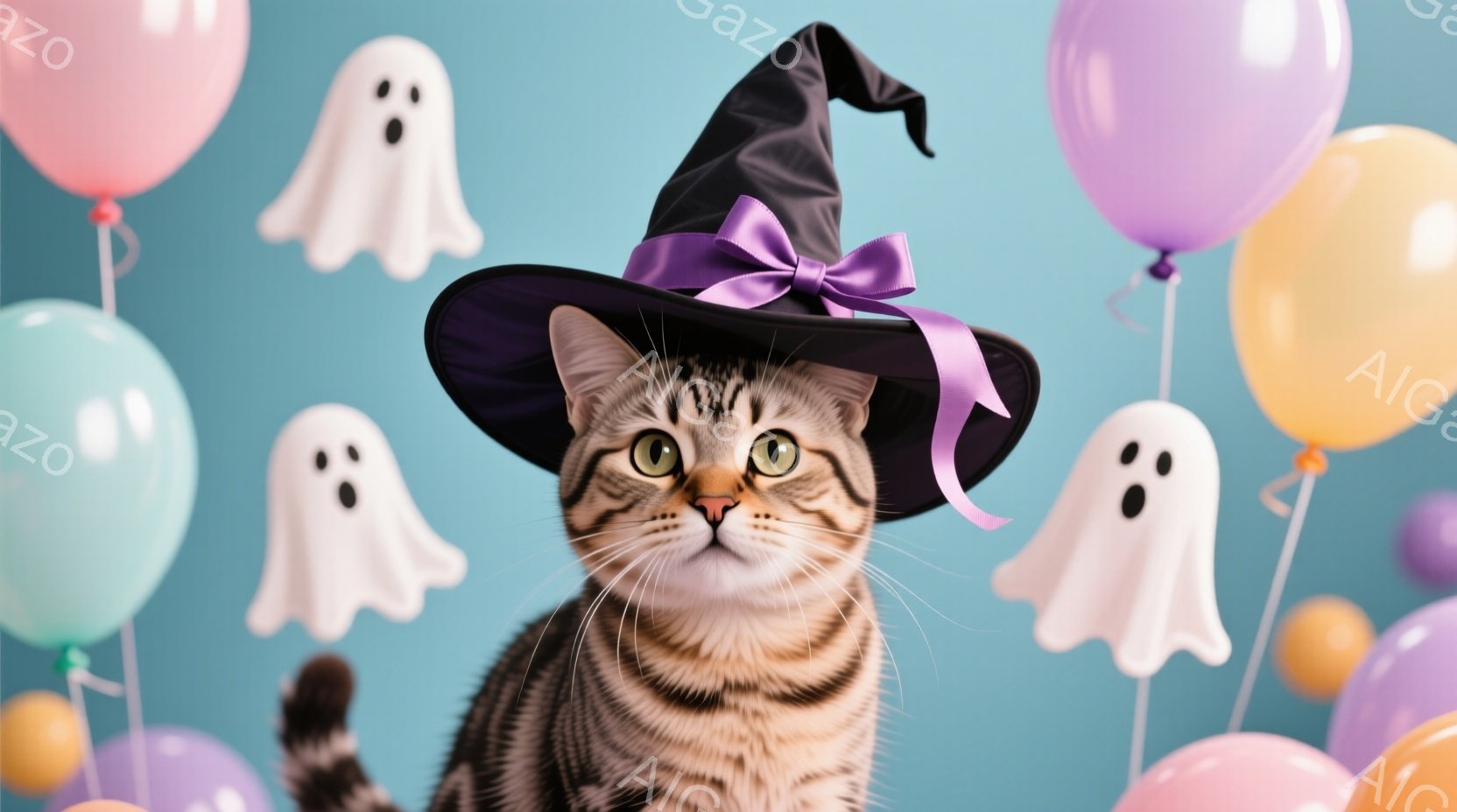 茶色の縞模様の猫が、紫のリボンが付いた黒い魔女の帽子をかぶって正面を見つめています。背景は水色の壁で、白くてかわいいお化けと様々な色の風船が浮かんでいます。ハロウィーンらしい陽気で楽しい雰囲気です。 - AI生成フリー素材