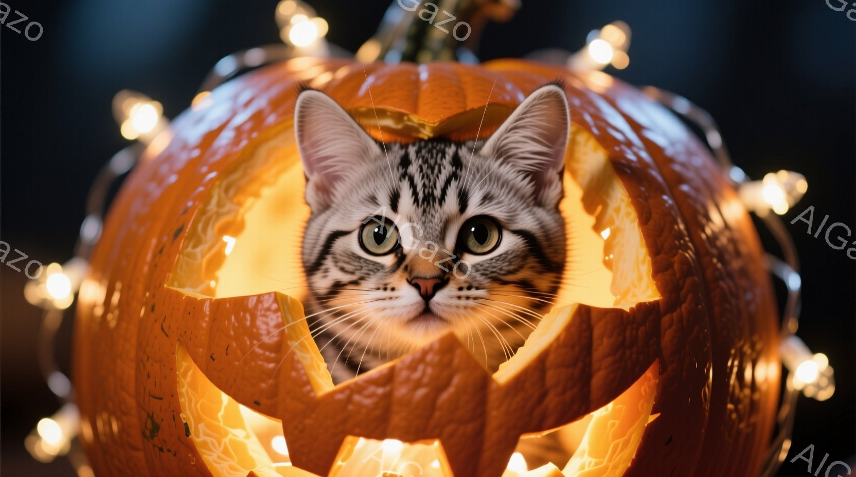 オレンジ色のくり抜かれたカボチャの中に、縞模様の猫が顔を出しています。猫は好奇心旺盛な表情で、こちらを見つめています。背景にはぼやけた光の連なりがあり、ハロウィーンの温かく幻想的な雰囲気を醸し出してい - AI生成フリー素材
