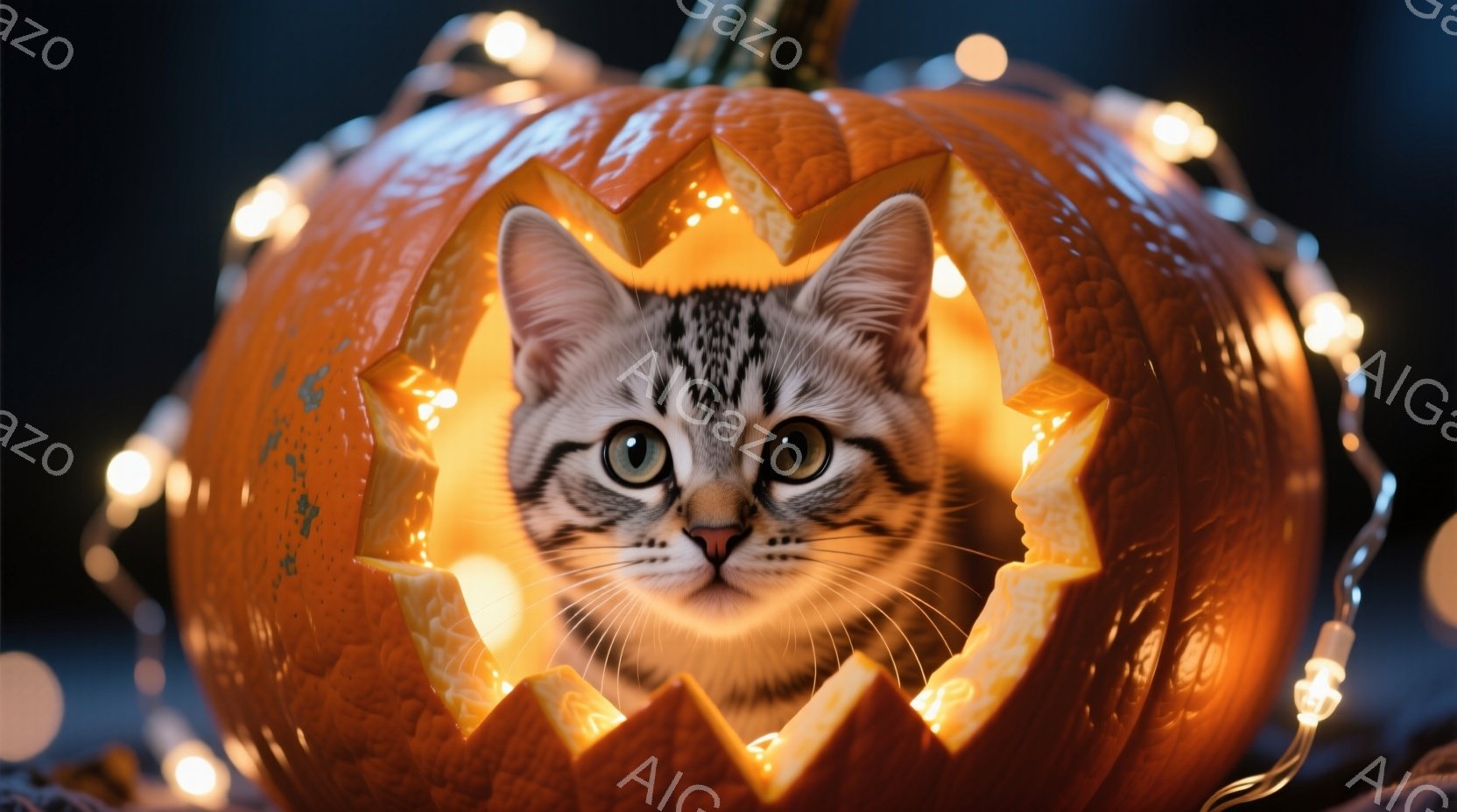 白と黒の縞模様の猫が、ハロウィーンのくり抜かれたカボチャの中に顔を覗かせています。猫は大きな緑色の目をしており、少し驚いたような表情をしています。背景にはぼんやりとした暗がりと、暖かく輝く電飾のイルミ - AI生成フリー素材