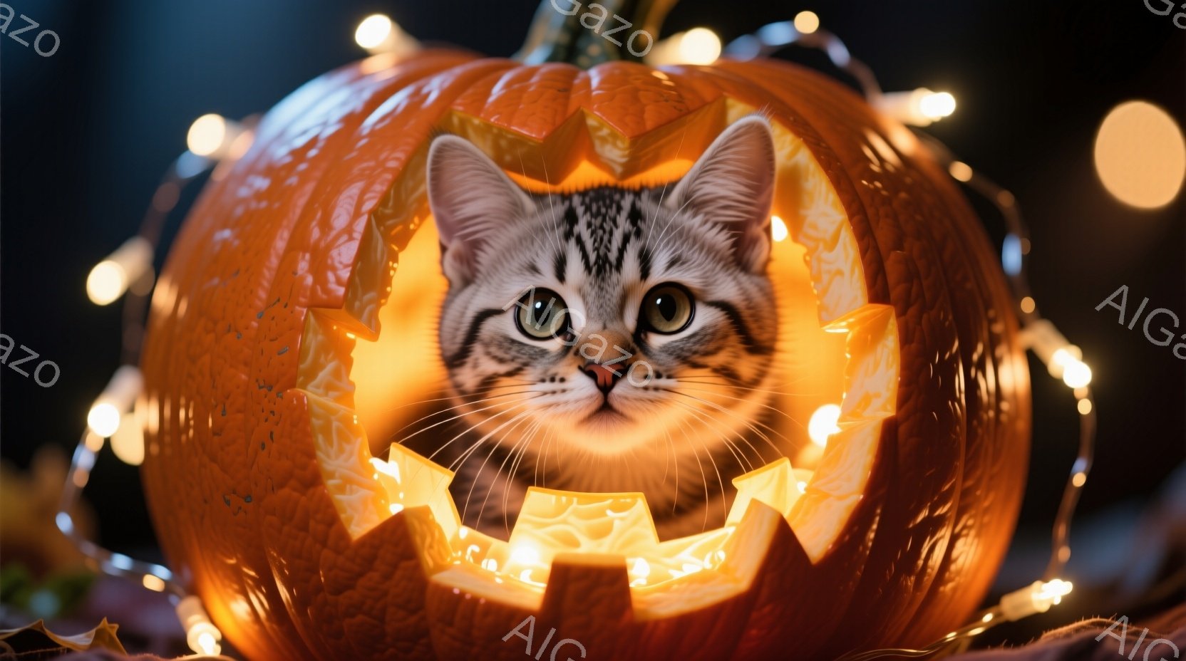 明るいオレンジ色のジャック・オー・ランタンの中に、縞模様の猫が顔を出しています。猫は正面を向き、緑色の瞳でカメラを見つめ、少し好奇心旺盛な表情をしています。背景にはぼやけた光のストリングと、かすかに見 - AI生成フリー素材