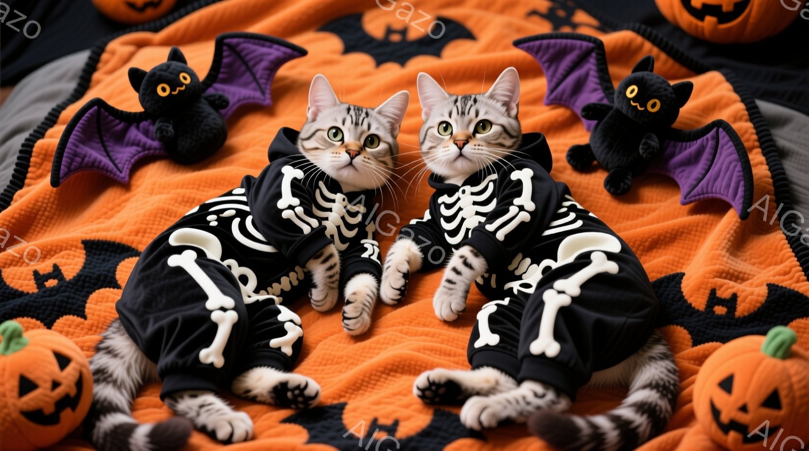 2匹の猫がハロウィーンの衣装を着てオレンジ色の背景に横たわっています。猫たちは骸骨模様の黒いジャンプスーツを着ており、リラックスした表情でカメラを見ています。背景には、カボチャやコウモリの装飾が散りば - AI生成フリー素材