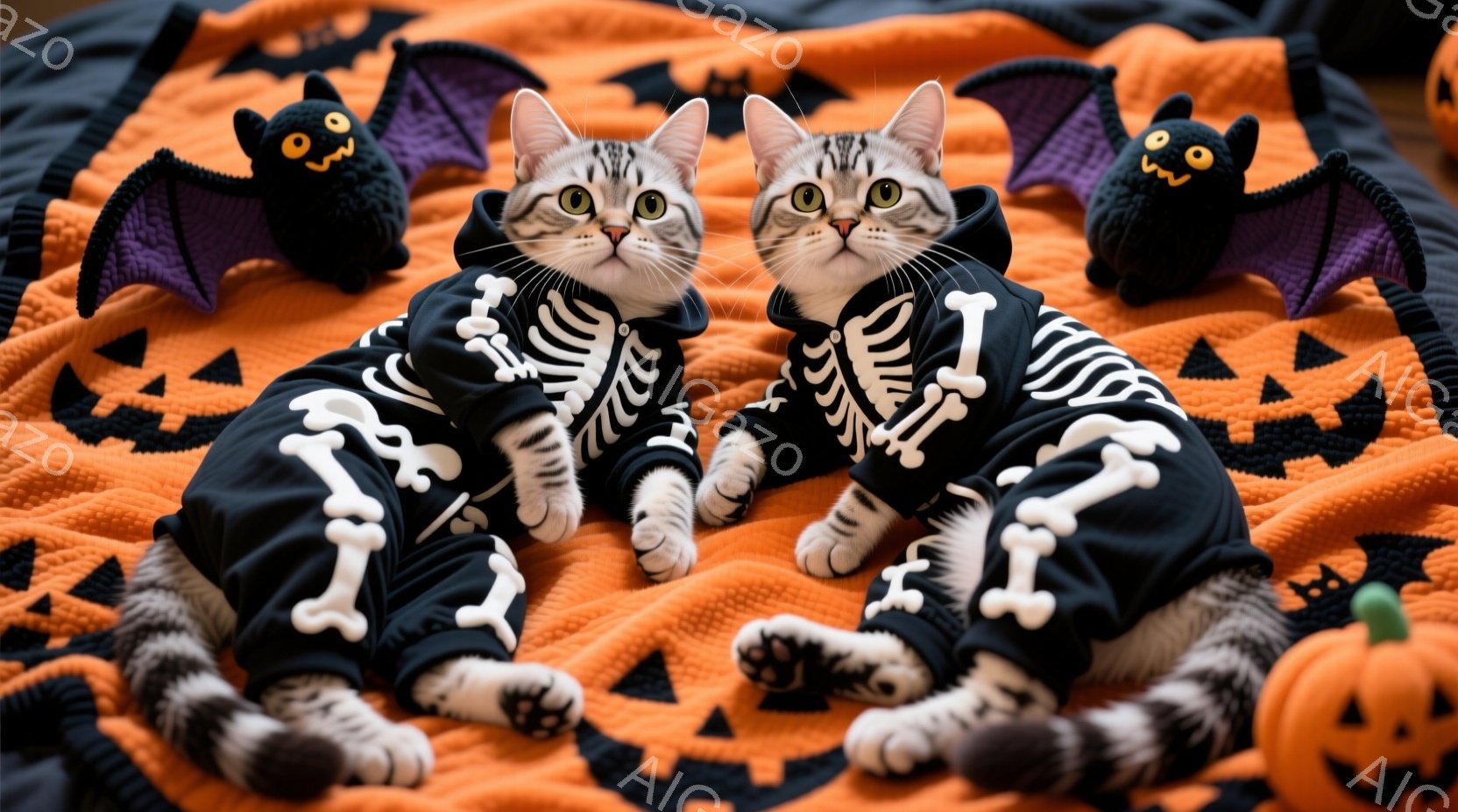 白と黒の縞模様の猫が2匹、ハロウィーンをテーマにしたオレンジ色の背景に並んで座っています。猫たちは骸骨のプリントが施された黒いジャンプスーツを着ており、前足を伸ばしてリラックスした様子です。背景には、かぼちゃやコウモリのモチーフが散りばめられ、お祭り気分を盛り上げています。