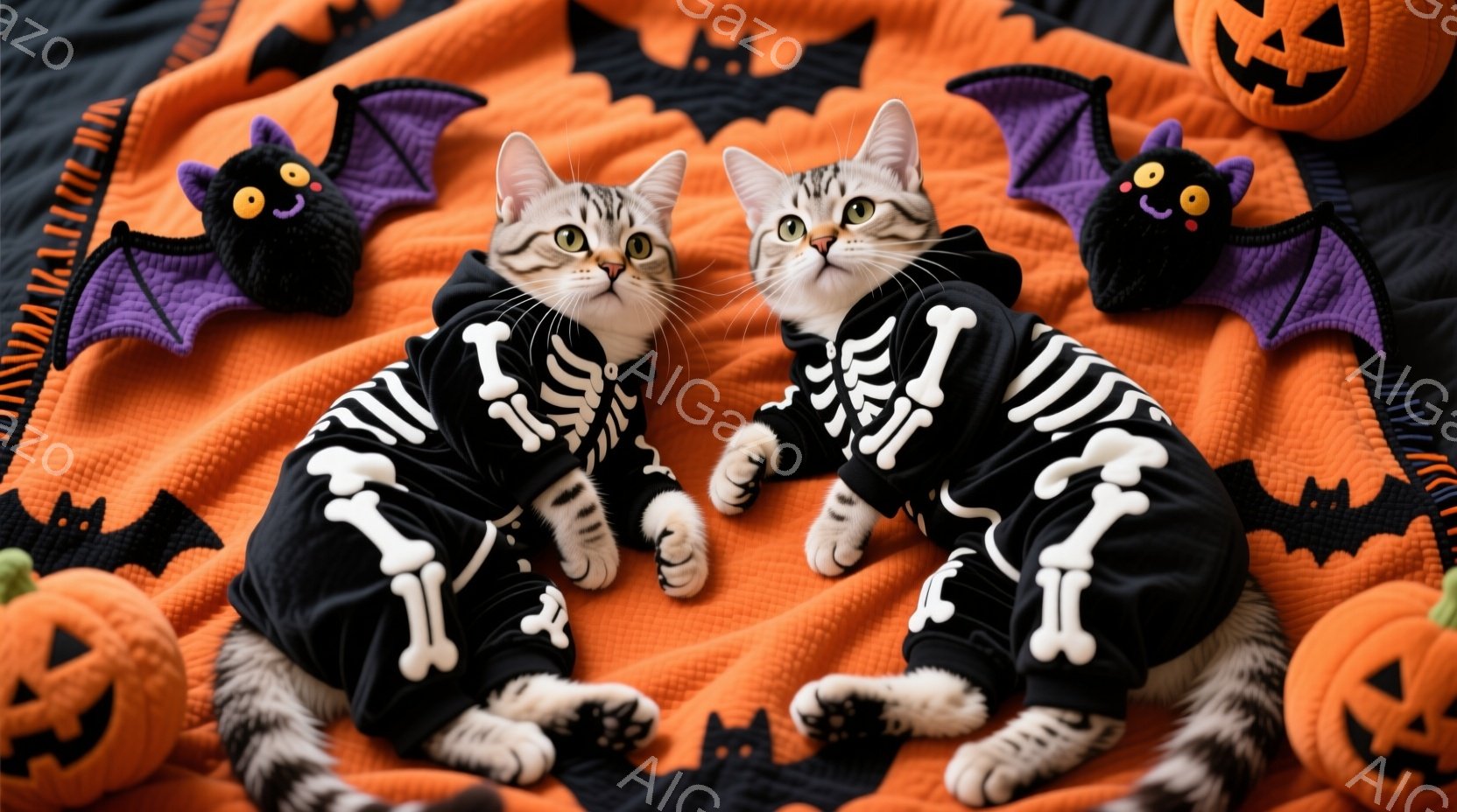 白と黒の縞模様の猫が、ハロウィーンをテーマにしたオレンジ色の背景に、骸骨柄の衣装を着て並んで座っています。猫たちは前足を伸ばし、少しだけ首を傾けていて、穏やかな表情をしています。背景には、カボチャのラ - AI生成フリー素材