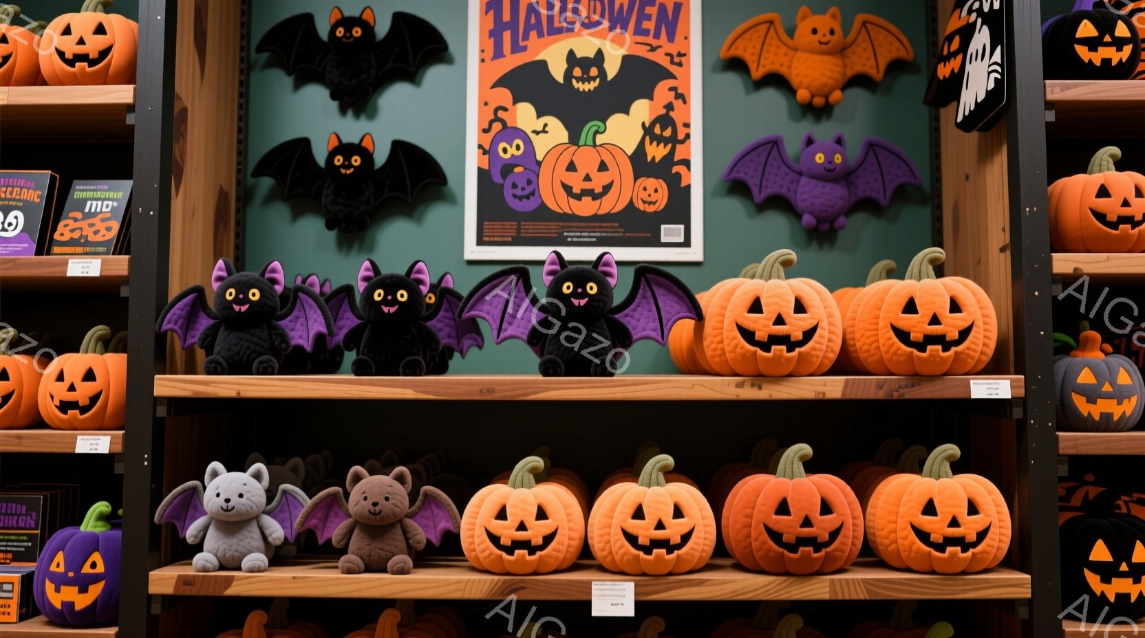 ハロウィーンの装飾が棚に並べられています。オレンジ色のジャック・オ・ランタンのぬいぐるみ、黒と紫のコウモリのぬいぐるみ、そして灰色のねずみのぬいぐるみが所狭しと並んでいます。背景にはハロウィーンをテーマにしたポスターがあり、全体的に明るく楽しいお祭りの雰囲気を醸し出しています。