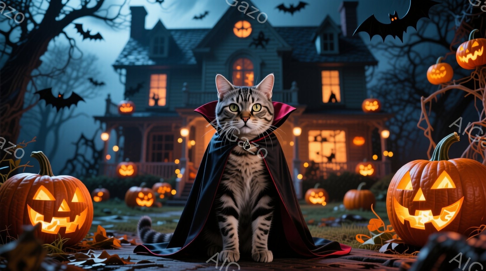 縞模様の猫が、ハロウィーンの夜に吸血鬼のケープと襟を付けて座っています。背景には、ジャック・オー・ランタンで飾られた不気味な家と、空を飛ぶコウモリが見え、ハロウィーンの夜の雰囲気を盛り上げています。地 - AI生成フリー素材