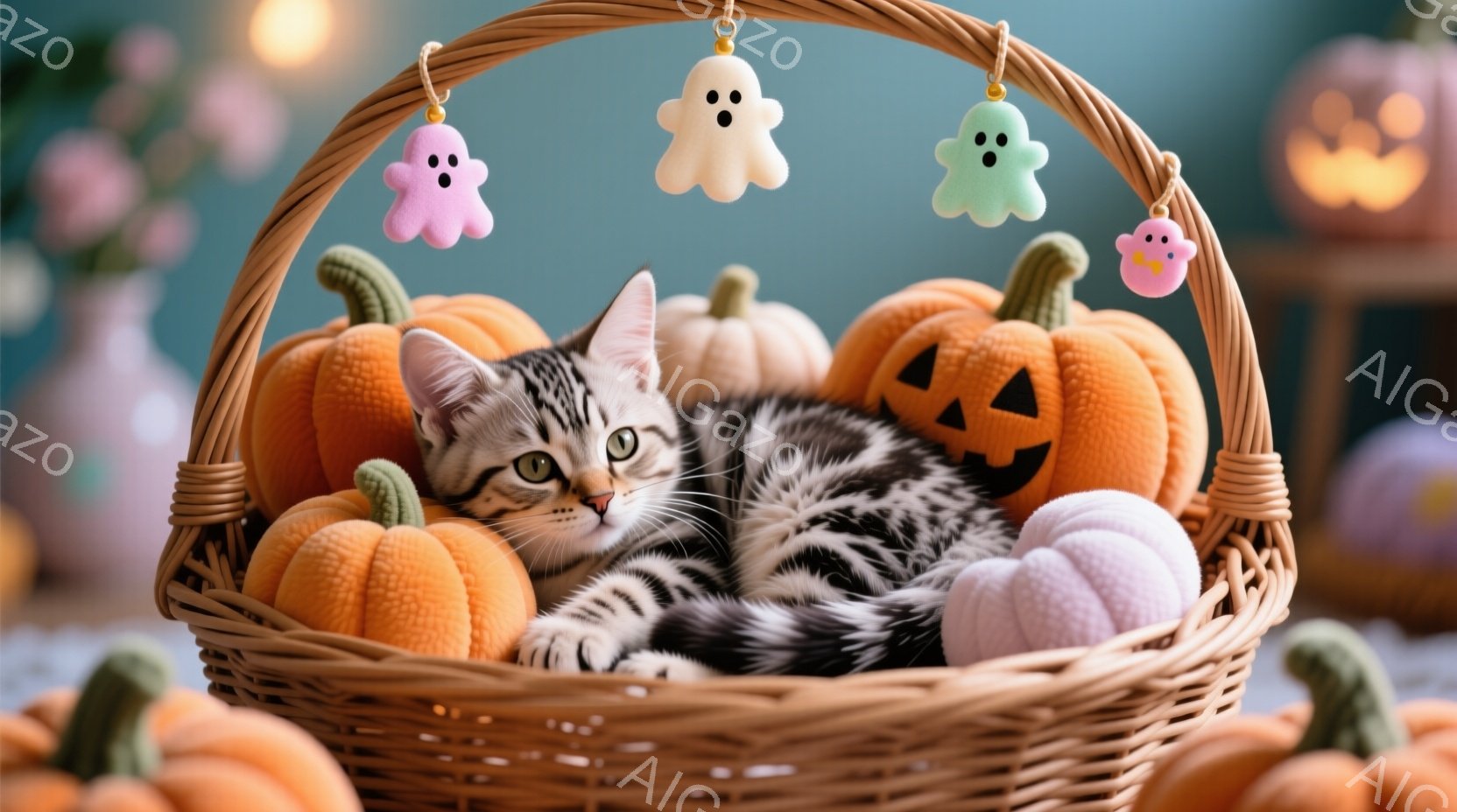 縞模様の小さな子猫が、オレンジ、白、ピンクのハロウィーンカボチャに囲まれた籐の籠の中に横たわっています。子猫はリラックスした表情で、緑色の目を半分閉じ、可愛らしい姿を見せています。背景にはぼやけたハロウィーンの装飾が見え、全体的に暖かく、穏やかな雰囲気を醸し出しています。