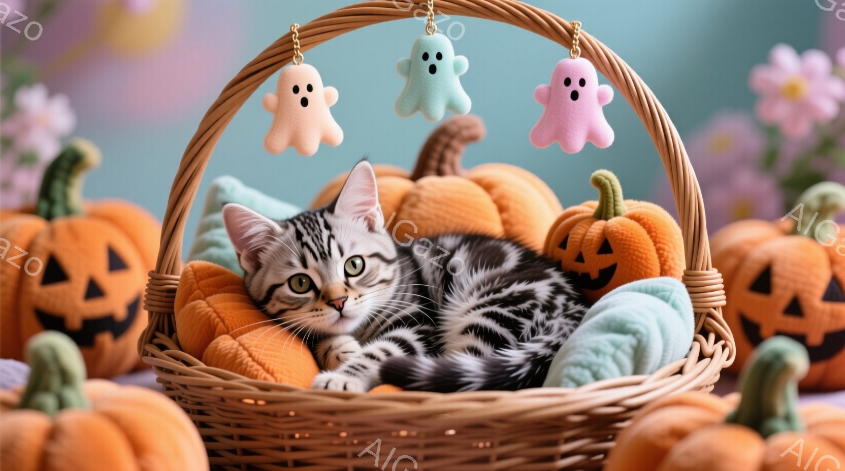 籠の中に縞模様の子猫が丸まって眠っています。背景にはハロウィンのカボチャと可愛らしいお化けの飾りがあり、秋の暖かく楽しい雰囲気を醸し出しています。オレンジと水色の組み合わせが印象的で、子猫の愛らしい表 - AI生成フリー素材