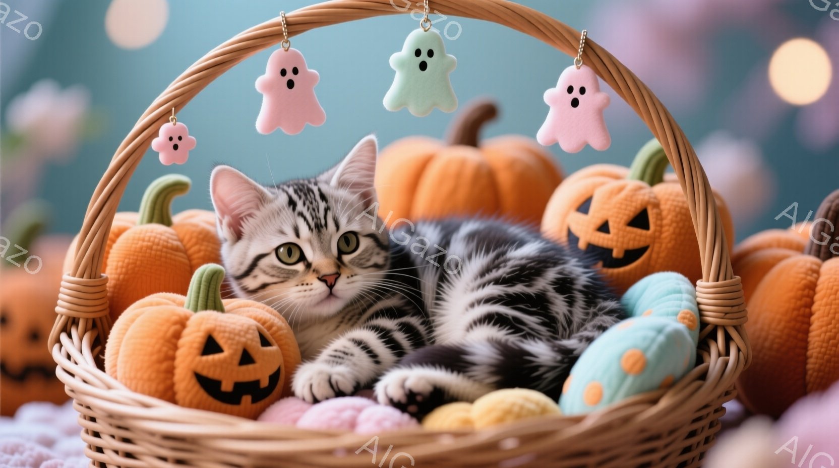 籠の中に縞模様の猫が横たわっており、周囲にはハロウィーンの装飾であるカボチャのぬいぐるみや幽霊の飾り付けが散りばめられています。猫はリラックスした表情で、丸まって眠っているかのように見えます。背景は淡 - AI生成フリー素材