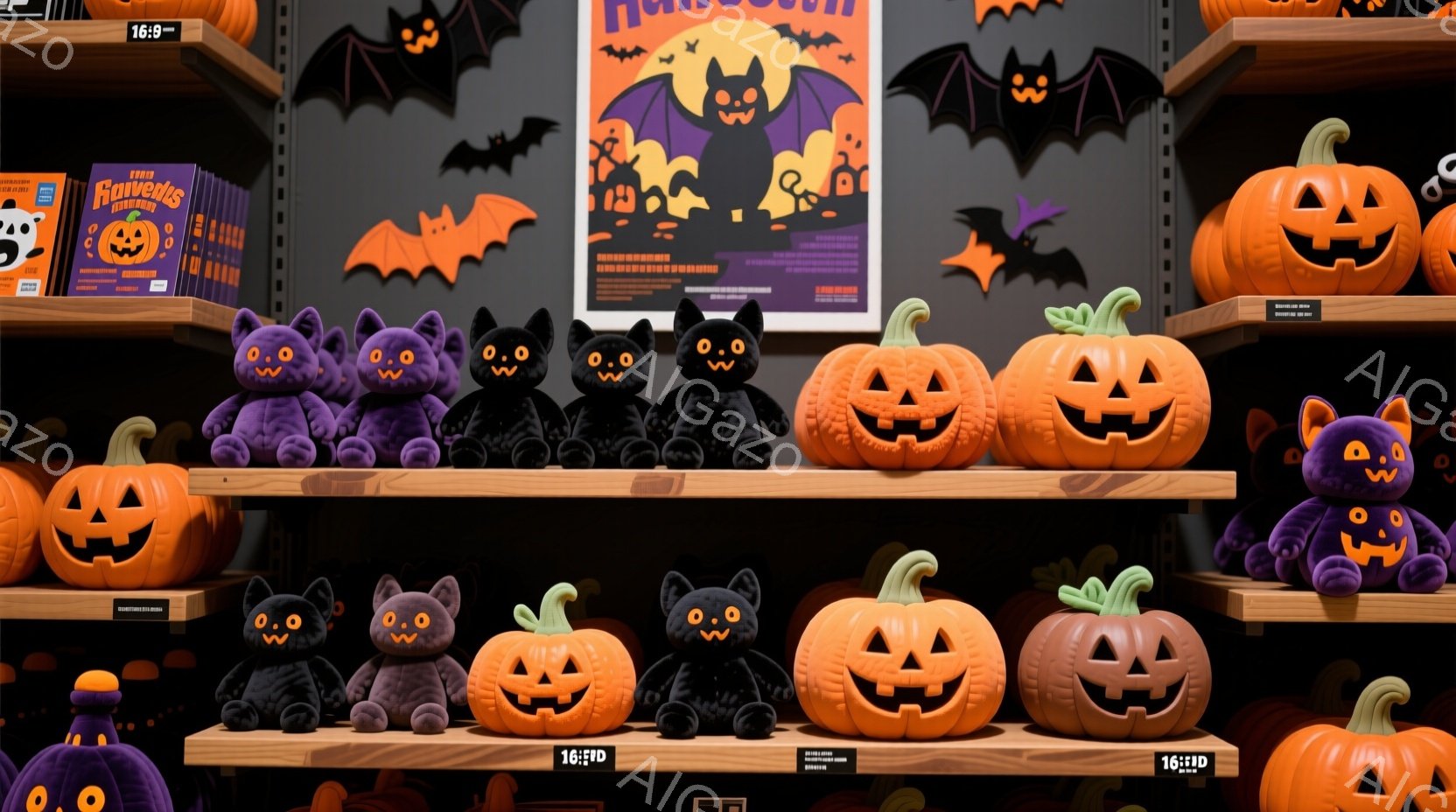 ハロウィーンの装飾品が棚に並べられています。紫色の猫のぬいぐるみ、オレンジ色のジャック・オ・ランタン、黒い猫のぬいぐるみが交互に並び、背景にはハロウィーンをテーマにしたポスターと黒いバットの飾りがあり - AI生成フリー素材