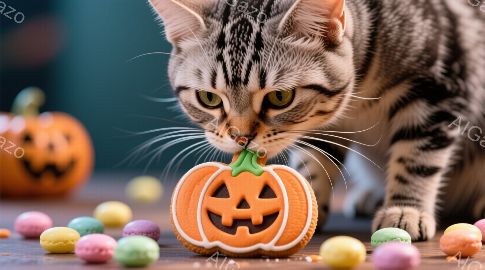 縞模様の猫が、ハロウィーンのパンプキンクッキーに鼻を近づけています。背景には、カラフルなマカロンと小さなパンプキンの置物が散りばめられており、秋の季節感と遊び心を演出しています。猫の表情は好奇心と少し - AI生成フリー素材