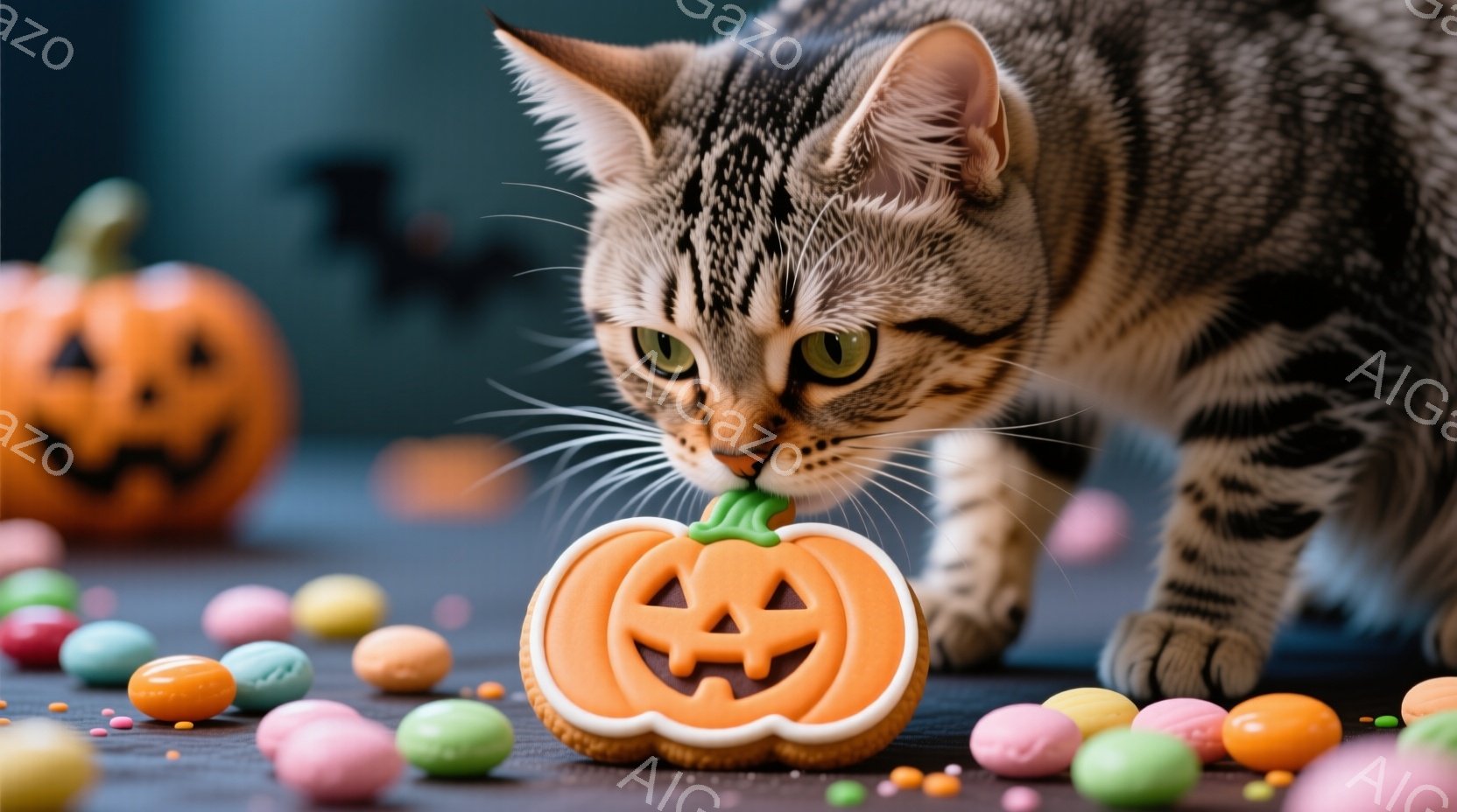 縞模様の猫が、ハロウィーンのクッキー（カボチャ型）に鼻を近づけています。周囲には、カラフルなキャンディーが散らばっており、背景にはぼやけたオレンジ色のカボチャが置かれています。全体的に、ハロウィーンら - AI生成フリー素材