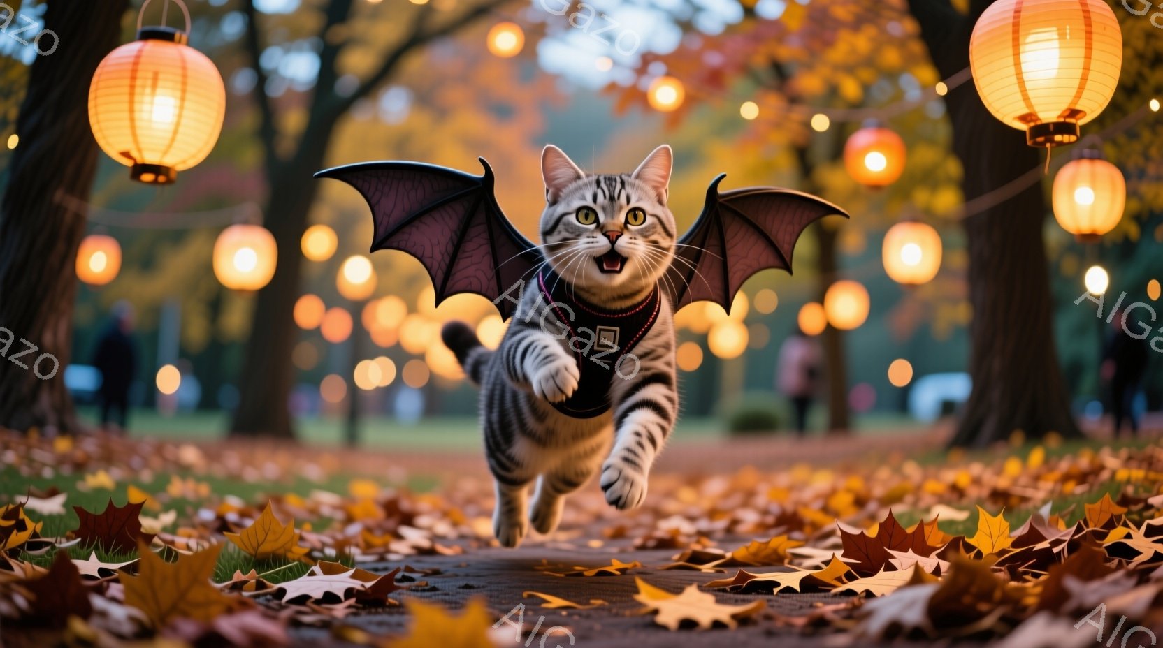茶色と黒の縞模様の猫が、まるで飛んでいるかのように地面を走り、背中には黒いコウモリの翼が取り付けられています。背景には、オレンジ色の提灯が並び、地面は紅葉で覆われ、秋の公園の温かく幻想的な雰囲気を醸し - AI生成フリー素材
